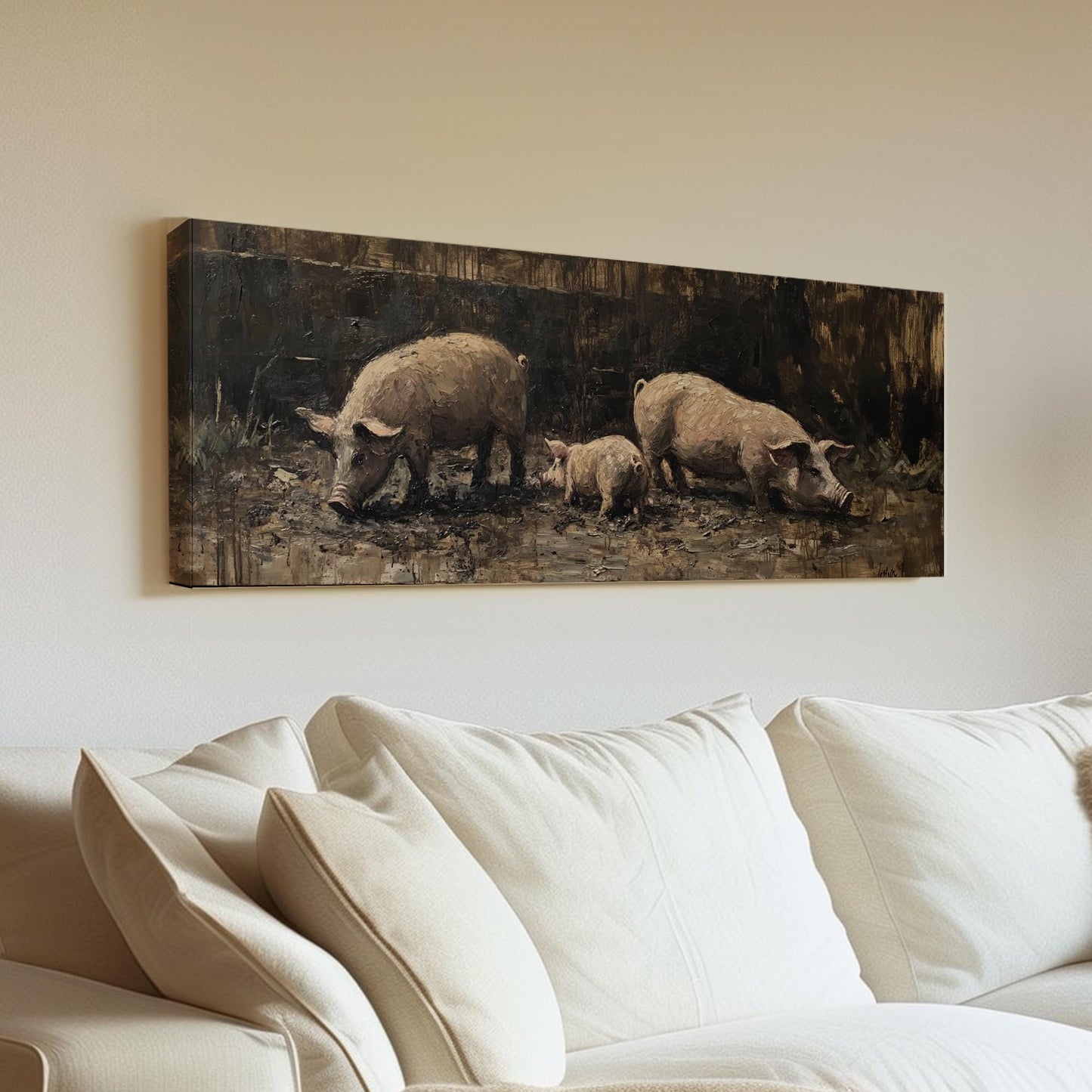 Rustic Swine Canvas Art | Impasto Painting Print | Bohemian Wall Art For Living Room | Taupe Oyster Art Panoramic Wall Art