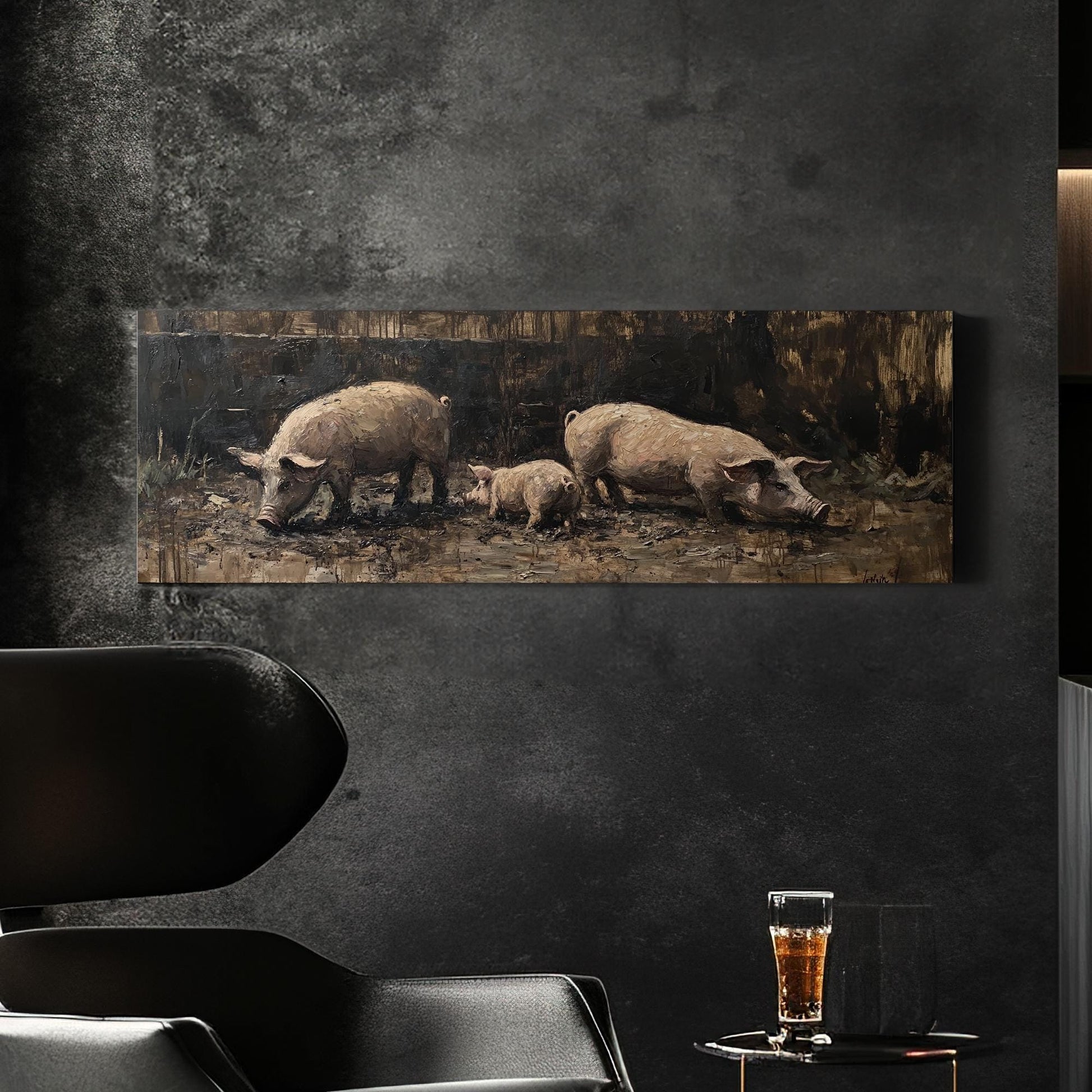 Rustic Swine Canvas Art | Impasto Painting Print | Bohemian Wall Art For Living Room | Taupe Oyster Art Panoramic Wall Art