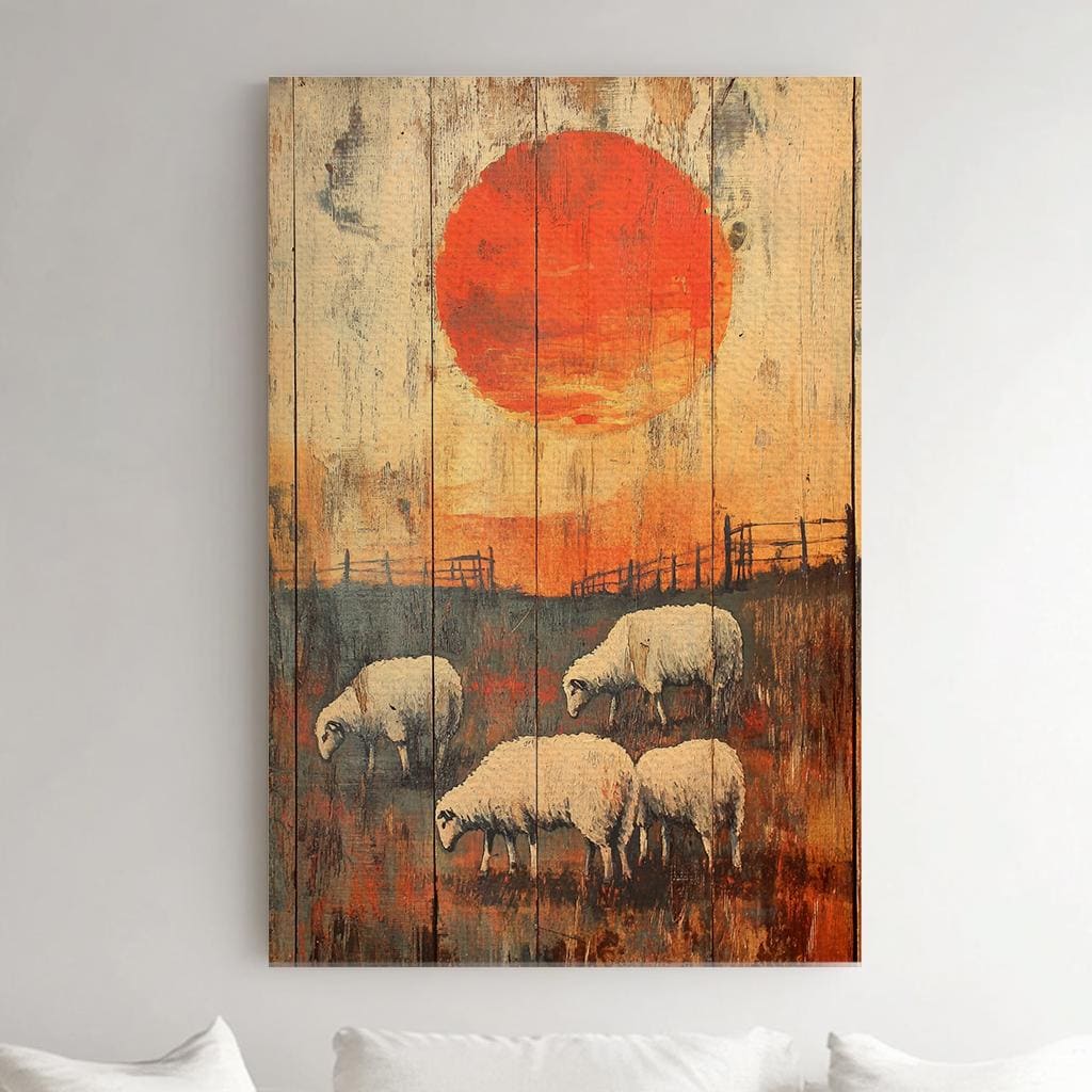 Rustic Sheep Sunset Canvas Art | Impasto Print | Bohemian Wall Art For Living Room | Burnt Sienna Art | Tranquil Decor Vertical Canvas