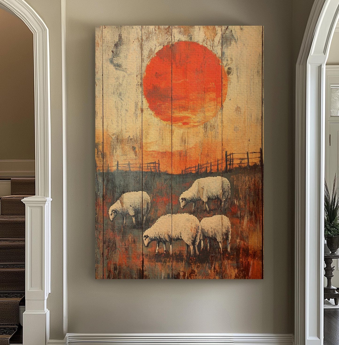 Rustic Sheep Sunset Canvas Art | Impasto Print | Bohemian Wall Art For Living Room | Burnt Sienna Art | Tranquil Decor Vertical Canvas