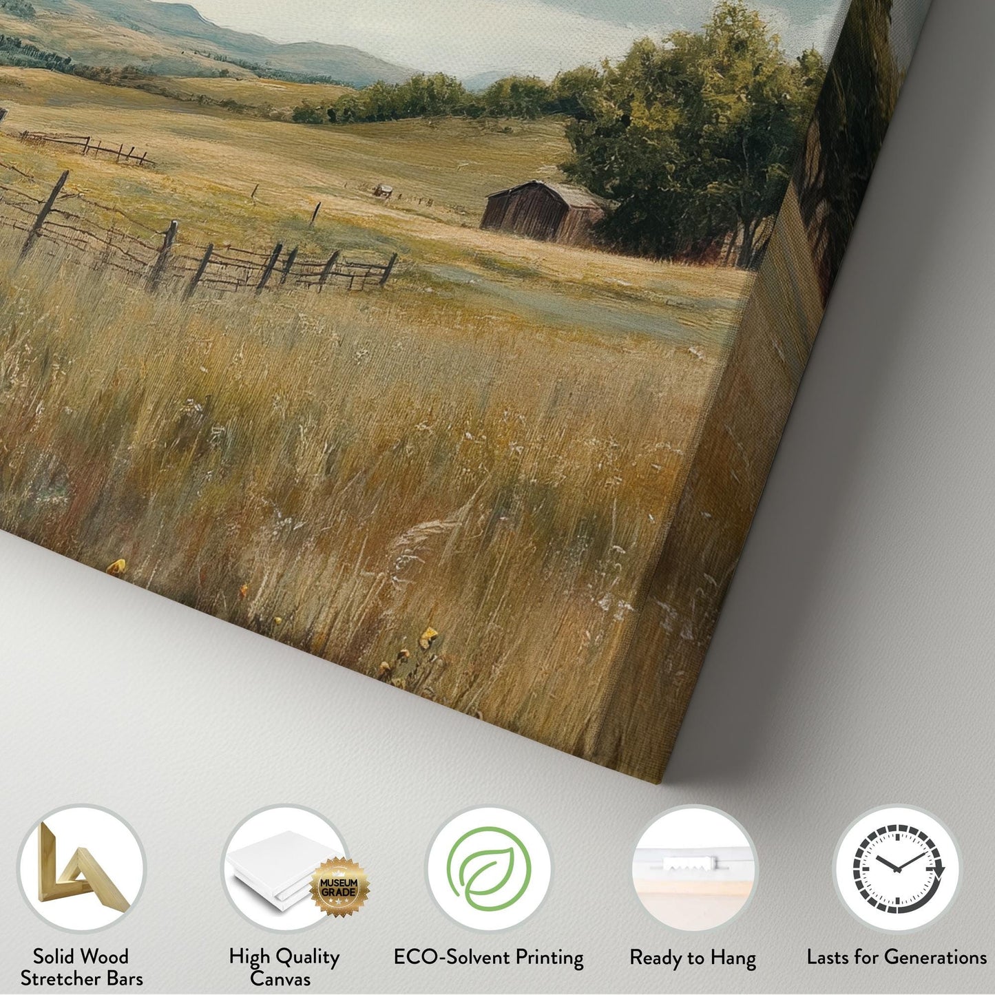 Rustic Ranch Landscape Canvas Art | Impasto Oil Print | Transitory Wall Art For Living Room | Harvest Gold Art Horizontal Art