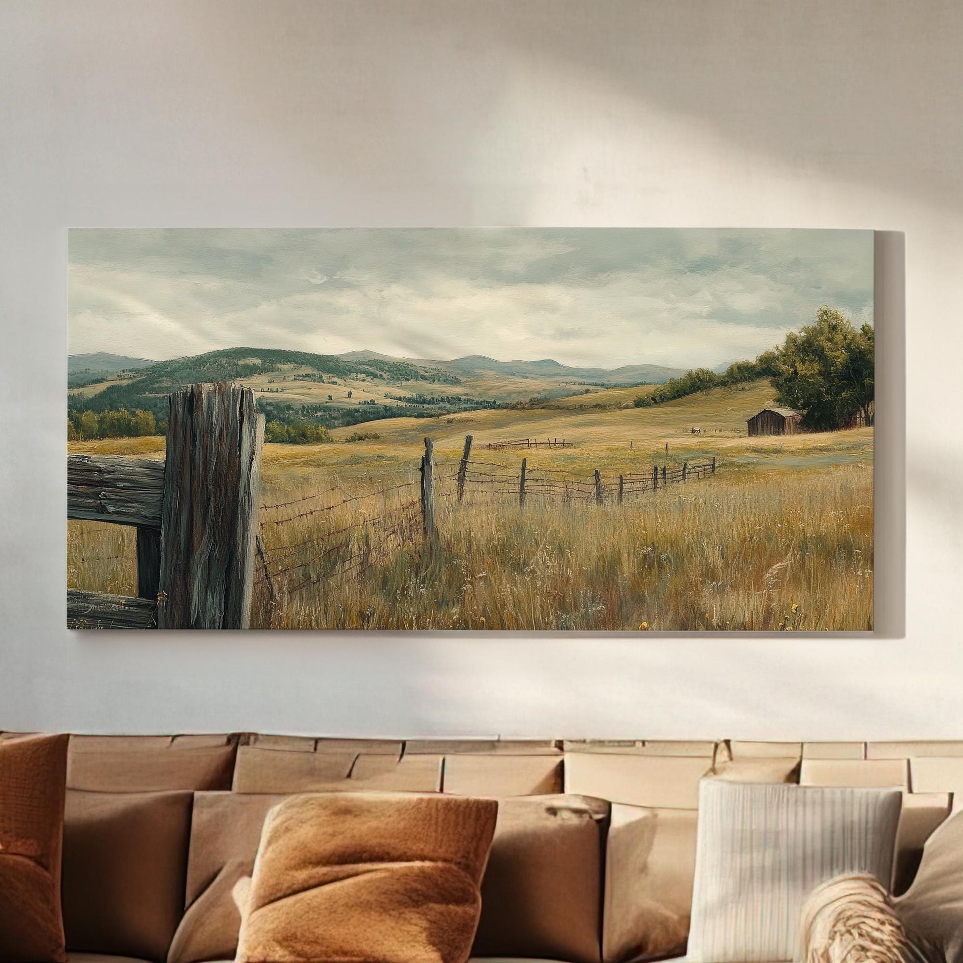 Rustic Ranch Landscape Canvas Art | Impasto Oil Print | Transitory Wall Art For Living Room | Harvest Gold Art Horizontal Art