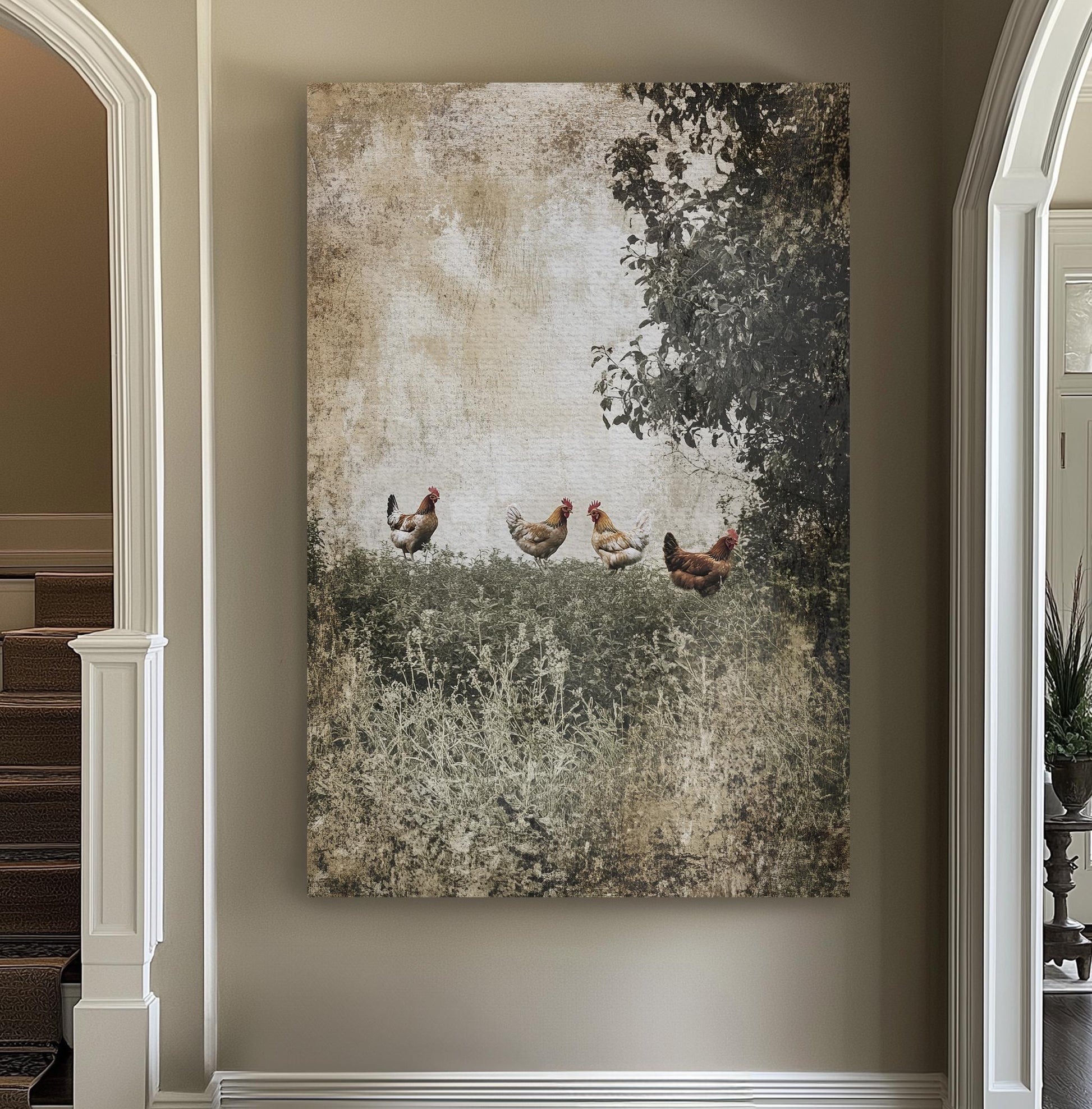 Rustic Henhouse Canvas Art | Distressed Vintage Print | Bohemian Farmhouse Wall Art For Living Room | Warm Taupe Sage Art Vertical Canvas