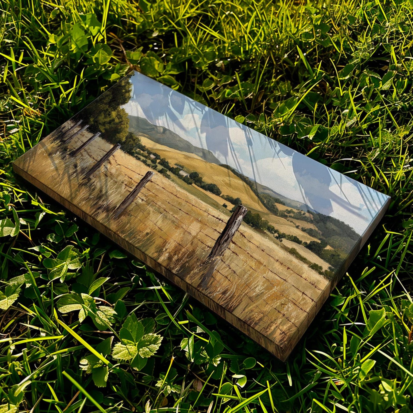 Rustic Fence Line Canvas Art | Impasto Painting Print | Transitional Wall Art For Living Room | Harvest Gold Art Horizontal Art