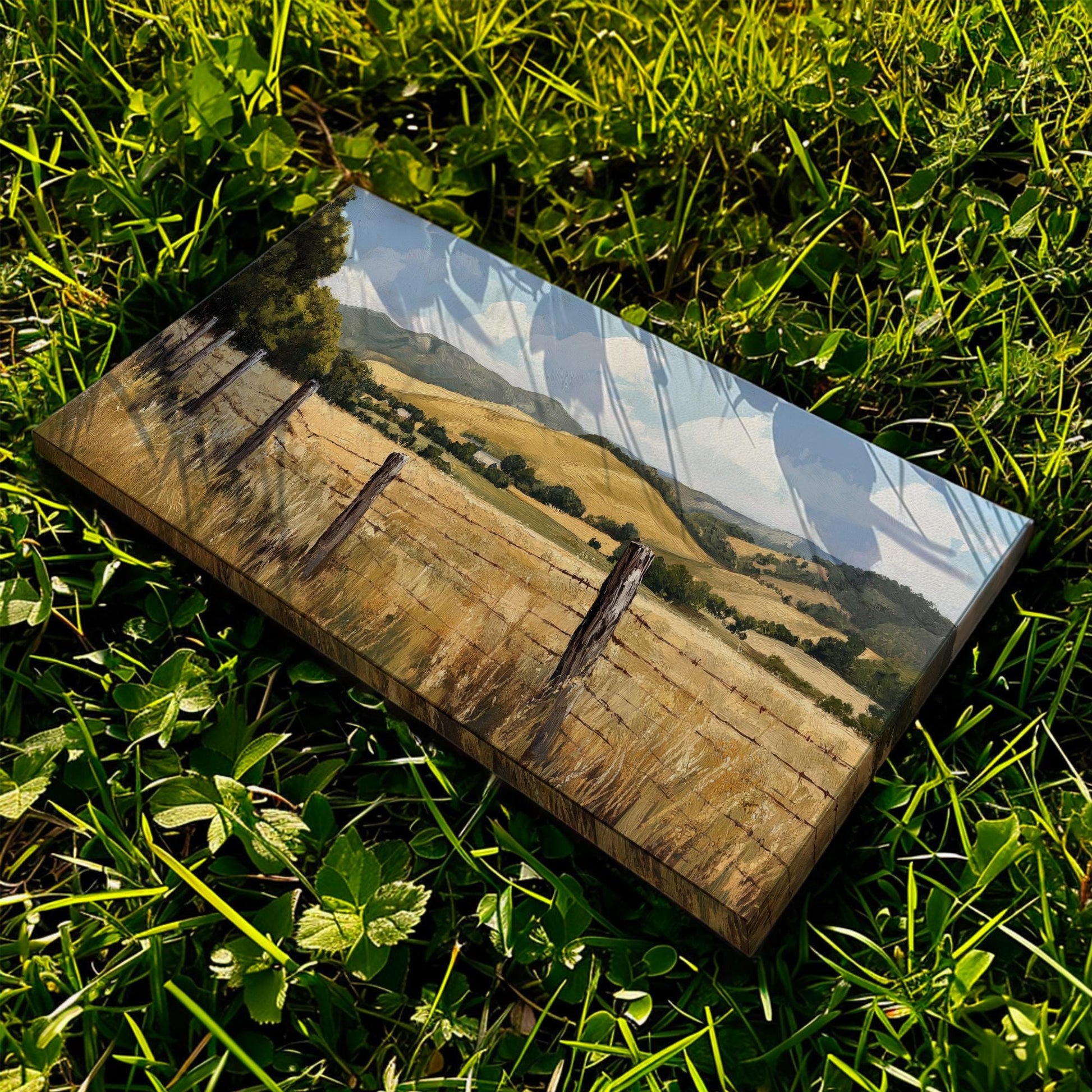 Rustic Fence Line Canvas Art | Impasto Painting Print | Transitional Wall Art For Living Room | Harvest Gold Art Horizontal Art