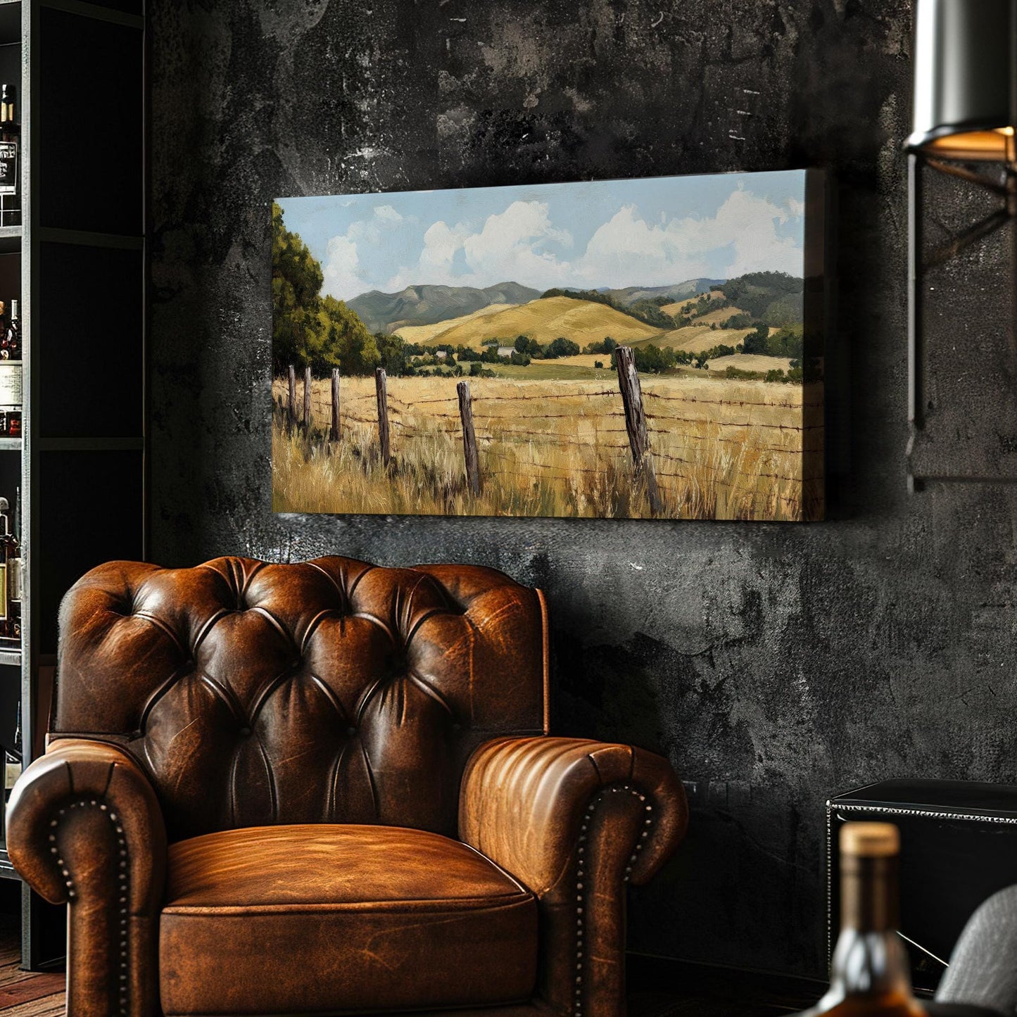 Rustic Fence Line Canvas Art | Impasto Painting Print | Transitional Wall Art For Living Room | Harvest Gold Art Horizontal Art