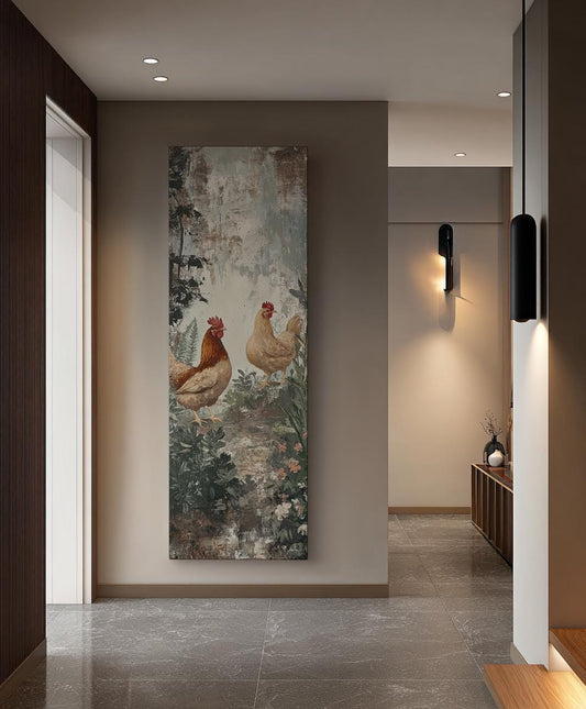 Rustic Farmhouse Chicken Canvas Art | Palette Knife Impasto Print | French Country Wall Art For Dining Room Long Vertical Art