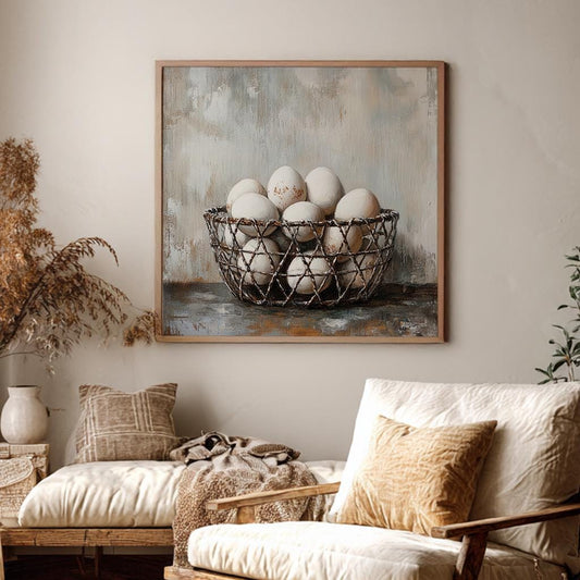 Rustic Egg Basket Canvas Art | Impasto Oil Print | French Country Wall Art For Kitchen | Warm Grey Taupe Art Square Canvas Art