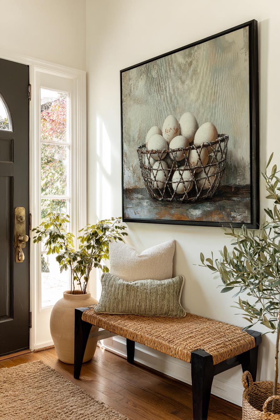Rustic Egg Basket Canvas Art | Impasto Oil Print | French Country Wall Art For Kitchen | Warm Grey Taupe Art Square Canvas Art