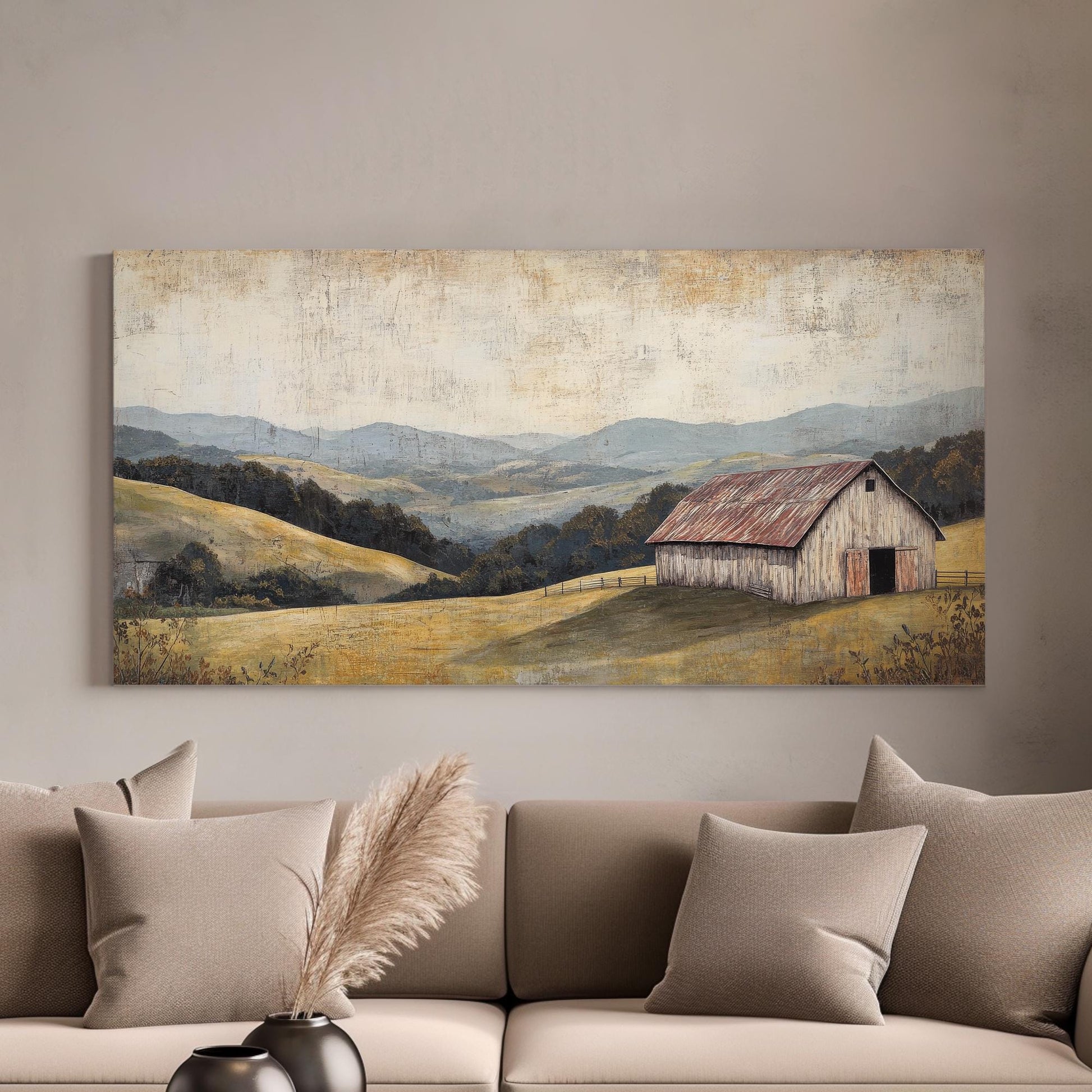 Rustic Barn Landscape Canvas Art | Textured Impasto Print | Transitional Wall Art For Living Room | Harvest Gold Art Horizontal Art