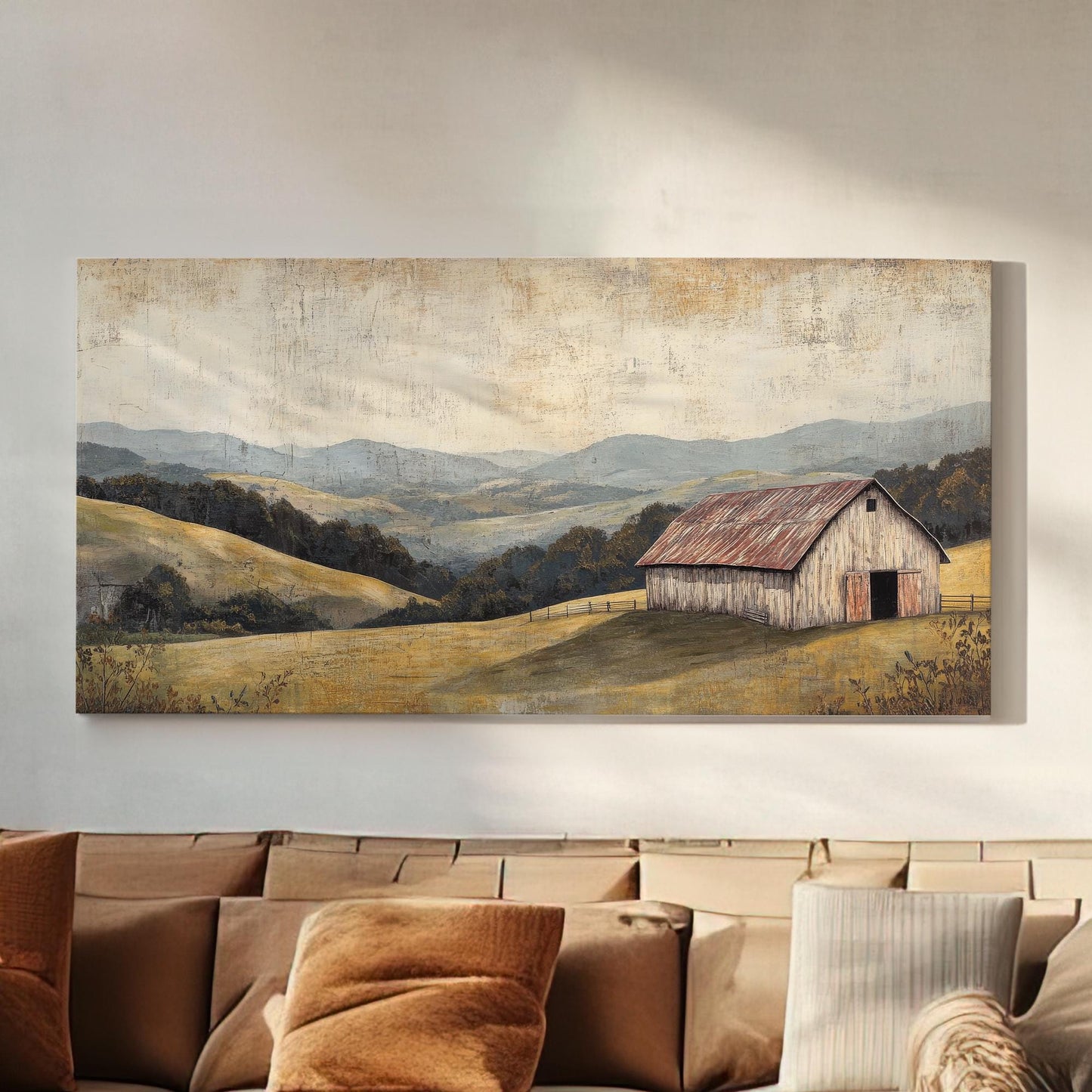 Rustic Barn Landscape Canvas Art | Textured Impasto Print | Transitional Wall Art For Living Room | Harvest Gold Art Horizontal Art