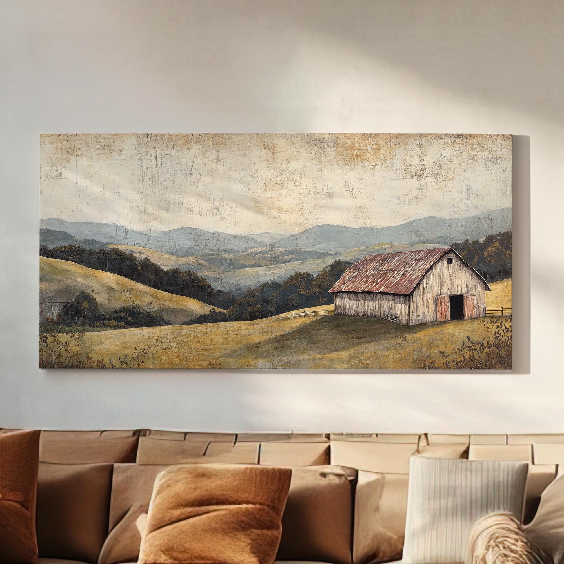 Rustic Barn Landscape Canvas Art | Textured Impasto Print | Transitional Wall Art For Living Room | Harvest Gold Art Horizontal Art