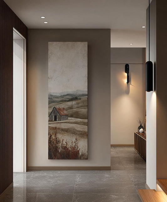 Rustic Barn Landscape Canvas Art | Gicle Fine Art Print | Wabi Sabi Wall Art For Living Room | Smoked Oak Art Long Vertical Art