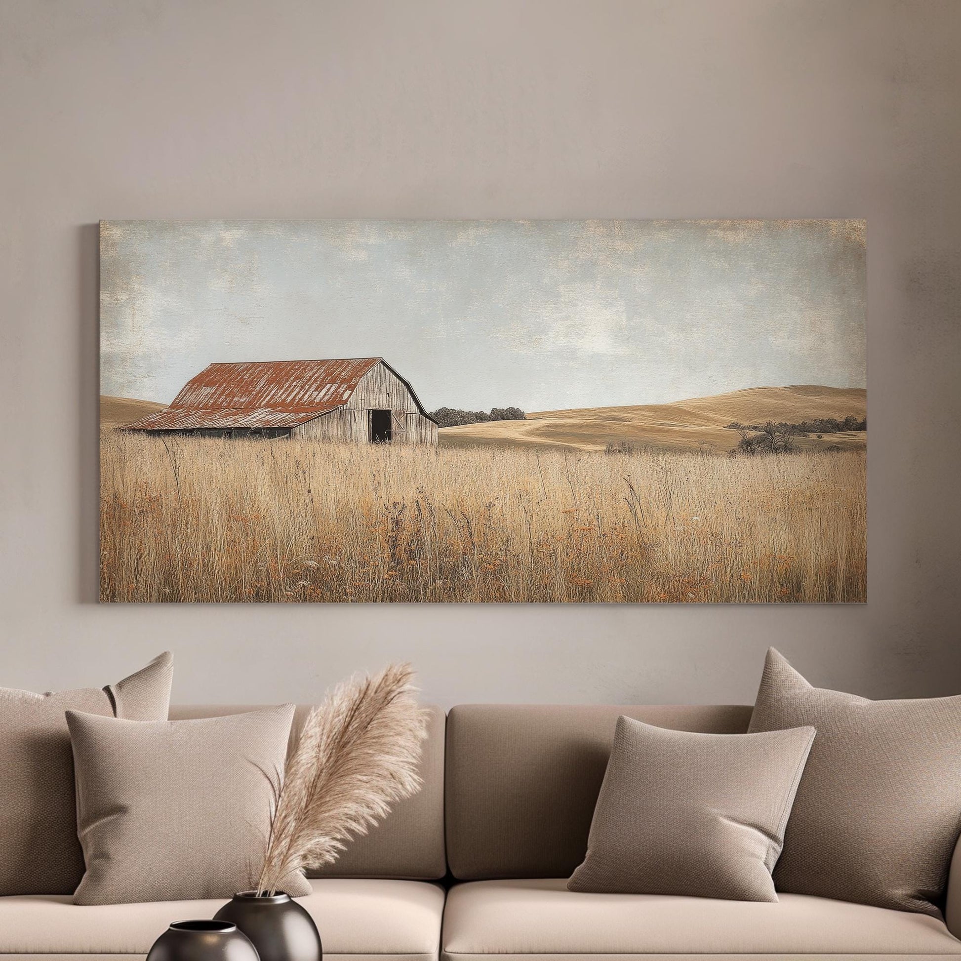 Rustic Barn Canvas Art | Textured Gicle Print | Farmhouse Wall Art For Living Room | Blush Pink Clay Art Horizontal Art