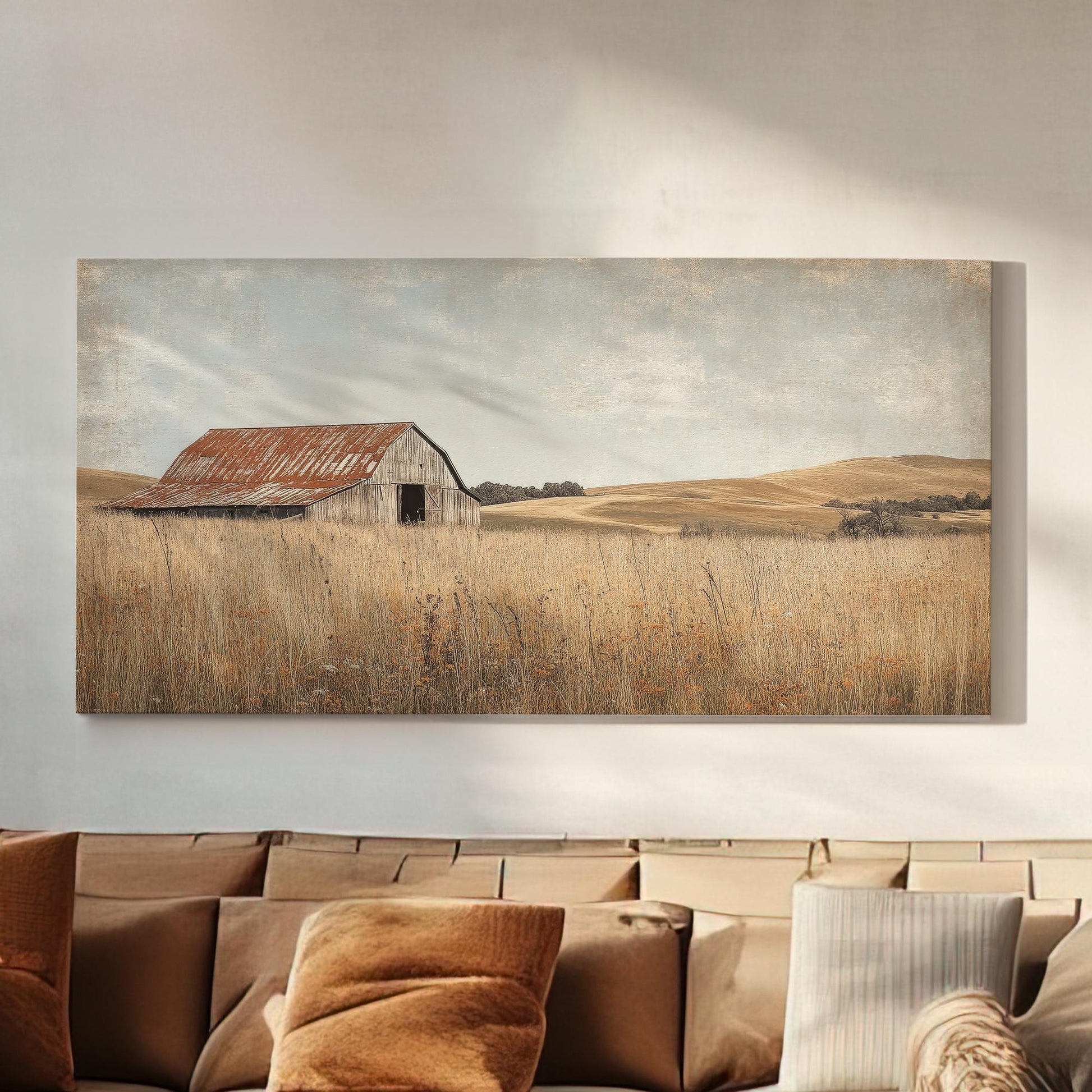 Rustic Barn Canvas Art | Textured Gicle Print | Farmhouse Wall Art For Living Room | Blush Pink Clay Art Horizontal Art