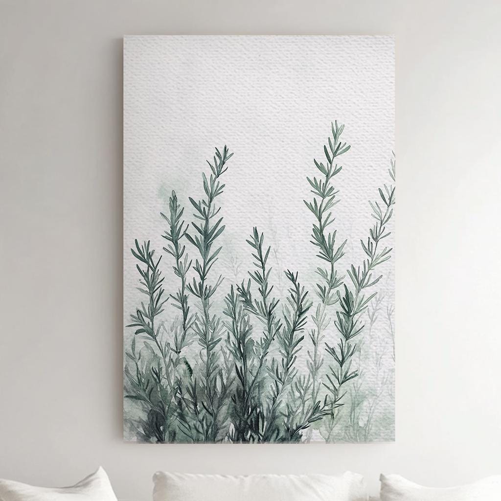 Rosemary Sprig Canvas Art | Watercolor Botanical Print | Tranquil Zen Wall Art For Living Room | Sage Green Botanical Art Vertical Canvas