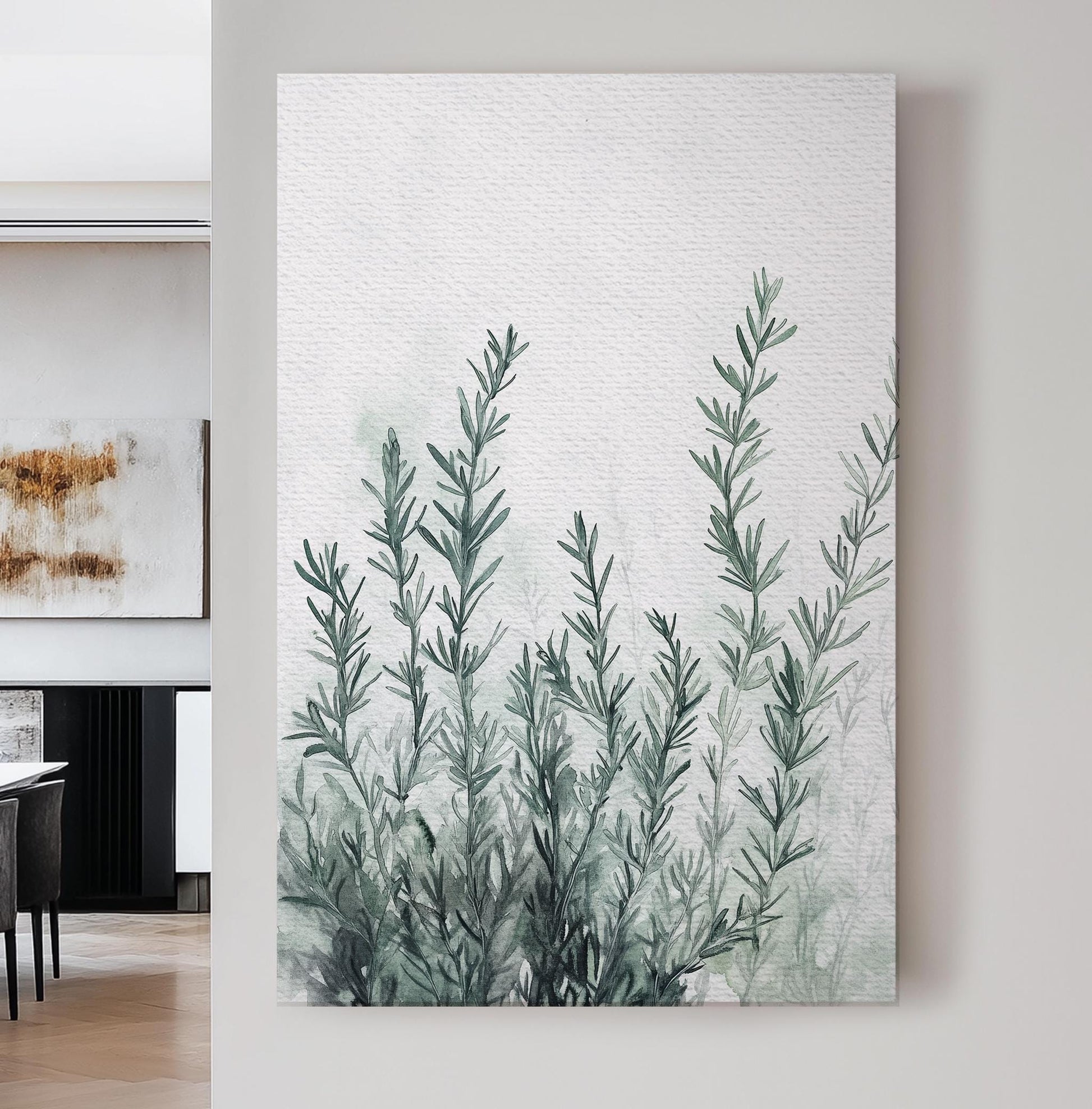 Rosemary Sprig Canvas Art | Watercolor Botanical Print | Tranquil Zen Wall Art For Living Room | Sage Green Botanical Art Vertical Canvas