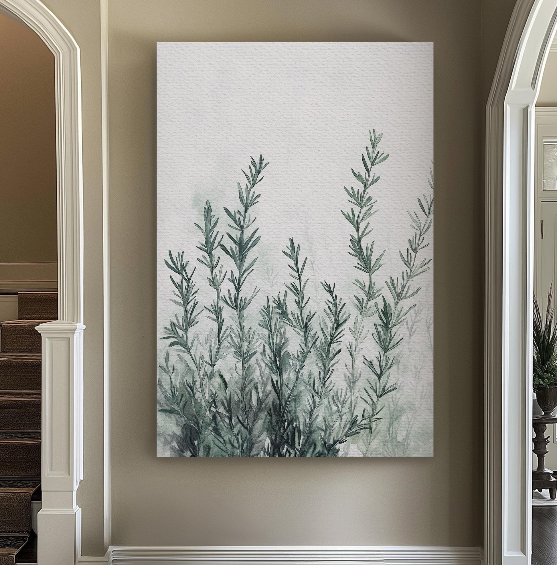 Rosemary Sprig Canvas Art | Watercolor Botanical Print | Tranquil Zen Wall Art For Living Room | Sage Green Botanical Art Vertical Canvas