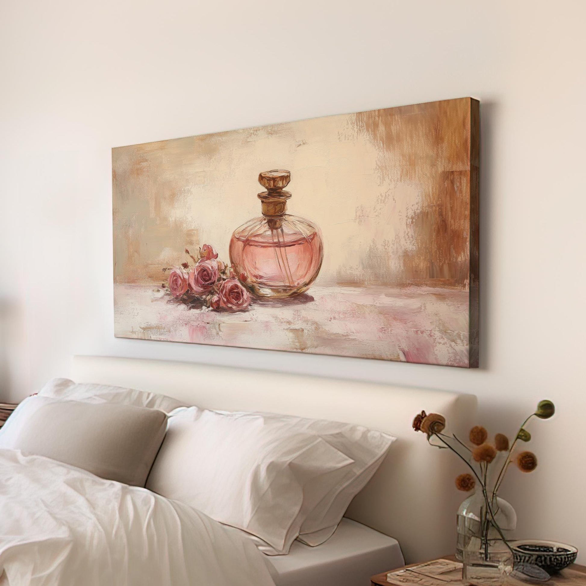 Rose Perfume Bottle Canvas Art | Impasto Oil Print | French Country Wall Art For Bedroom | Blush Pink Art Horizontal Art