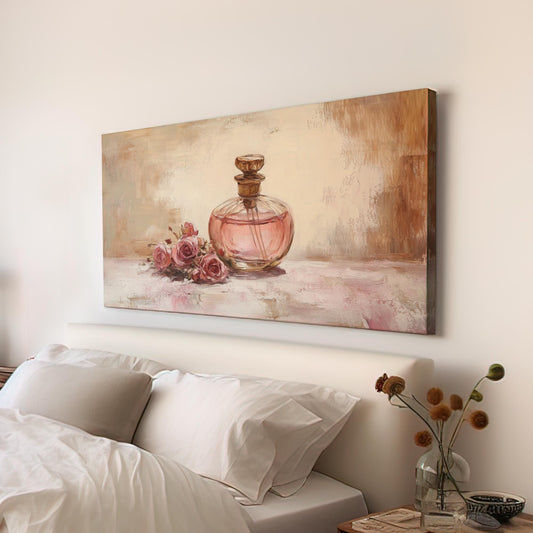 Rose Perfume Bottle Canvas Art | Impasto Oil Print | French Country Wall Art For Bedroom | Blush Pink Art Horizontal Art