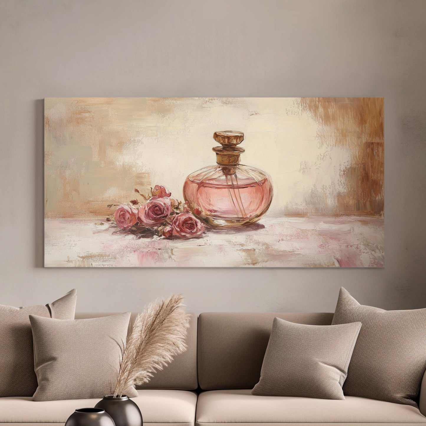 Rose Perfume Bottle Canvas Art | Impasto Oil Print | French Country Wall Art For Bedroom | Blush Pink Art Horizontal Art
