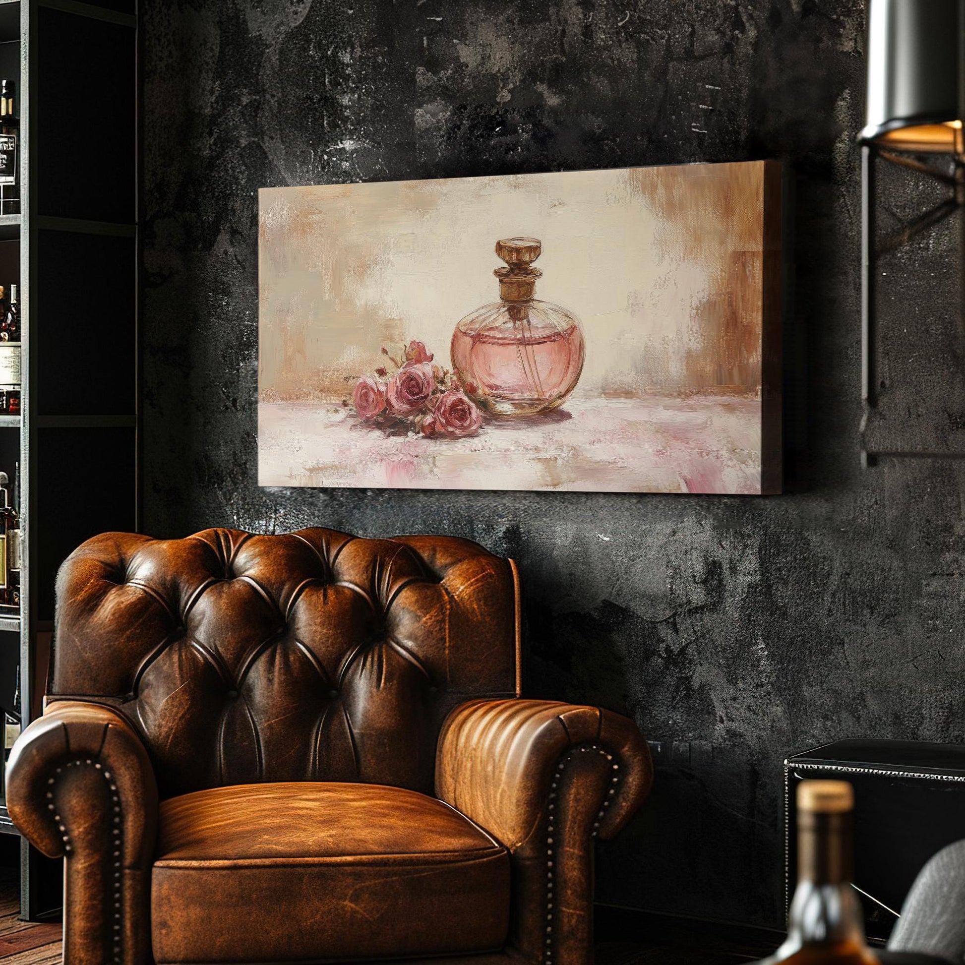 Rose Perfume Bottle Canvas Art | Impasto Oil Print | French Country Wall Art For Bedroom | Blush Pink Art Horizontal Art