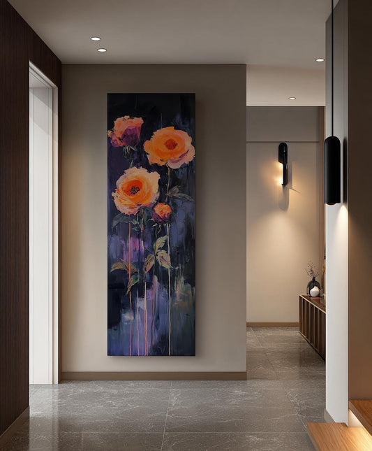 Rose Impasto Canvas Art | Textural Floral Print | Bohemian Modern Wall Art For Living Room | Twilight Amethyst Art Long Vertical Art