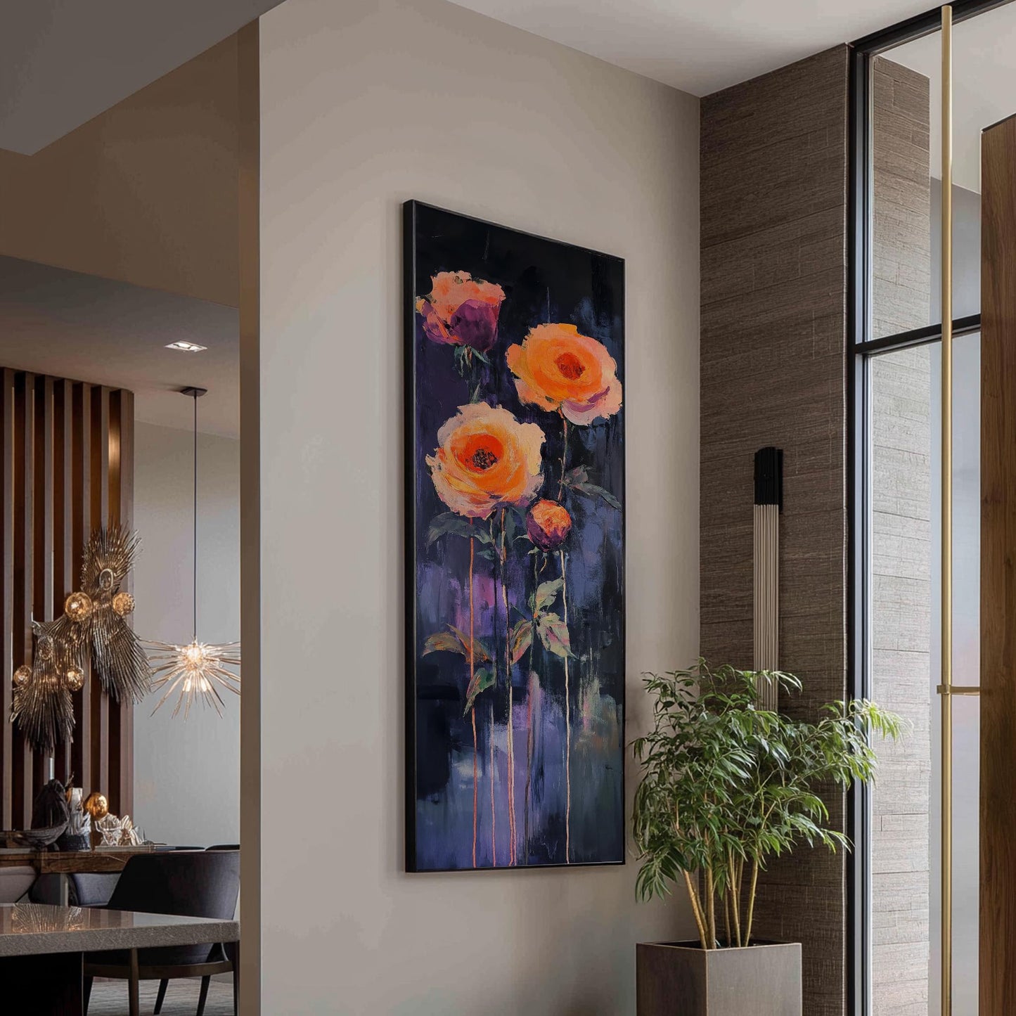 Rose Impasto Canvas Art | Textural Floral Print | Bohemian Modern Wall Art For Living Room | Twilight Amethyst Art Long Vertical Art