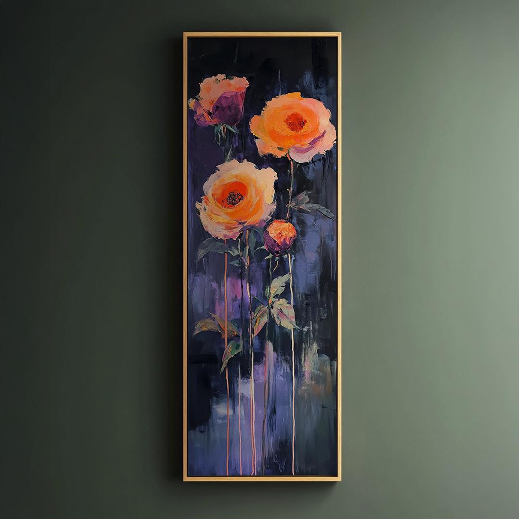 Rose Impasto Canvas Art | Textural Floral Print | Bohemian Modern Wall Art For Living Room | Twilight Amethyst Art Long Vertical Art