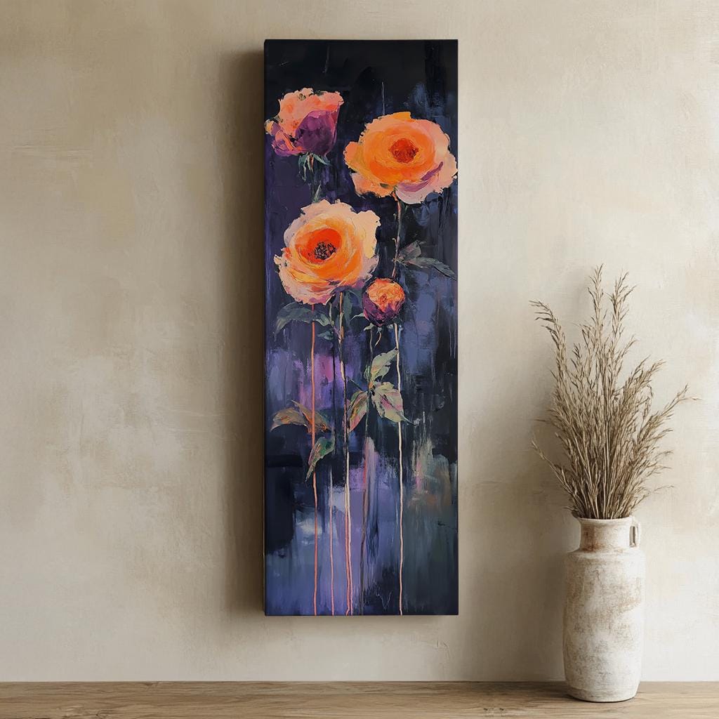 Rose Impasto Canvas Art | Textural Floral Print | Bohemian Modern Wall Art For Living Room | Twilight Amethyst Art Long Vertical Art