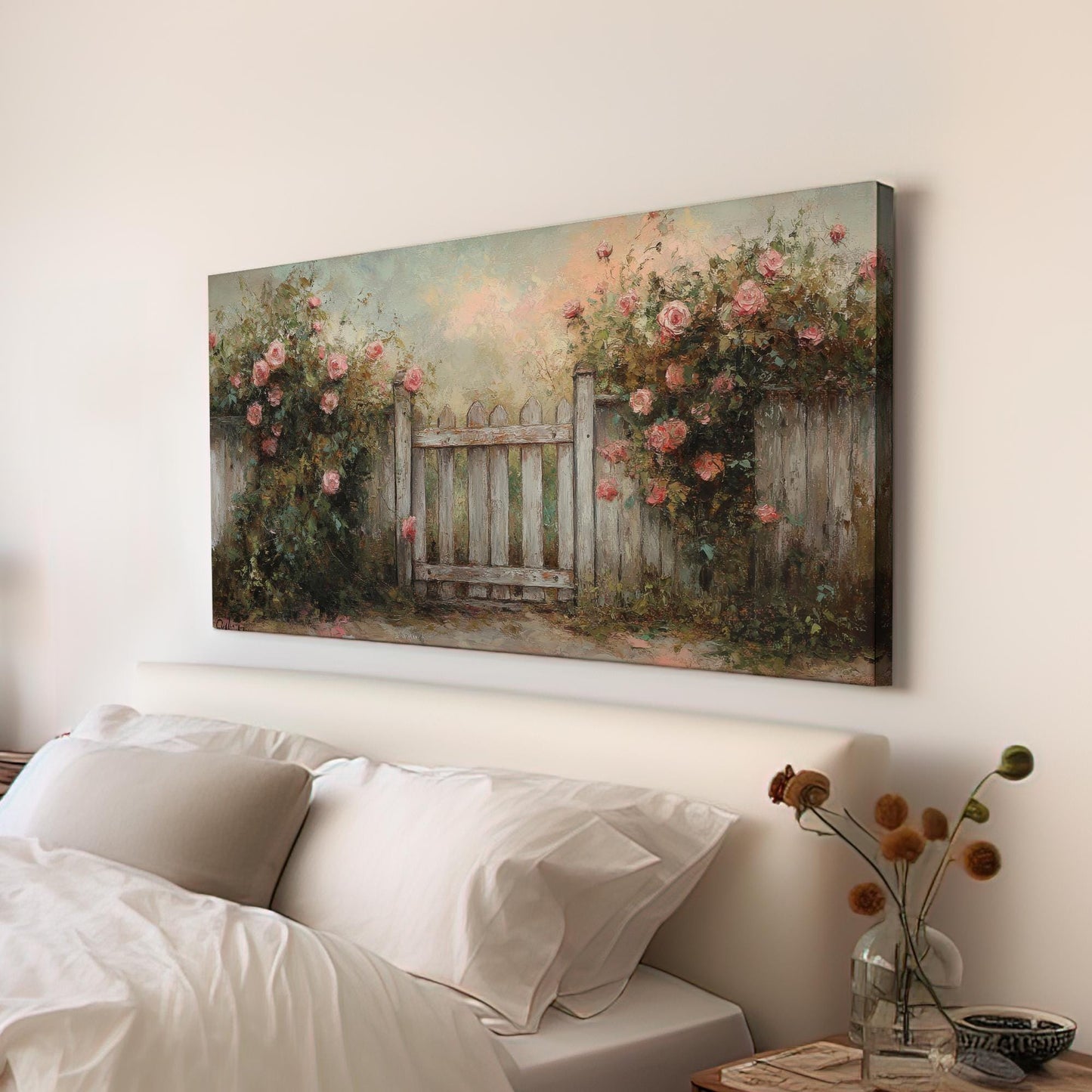 Rose Garden Gate Canvas Art | Impressionistic Impasto Print | French Country Wall Art For Living Room Horizontal Art