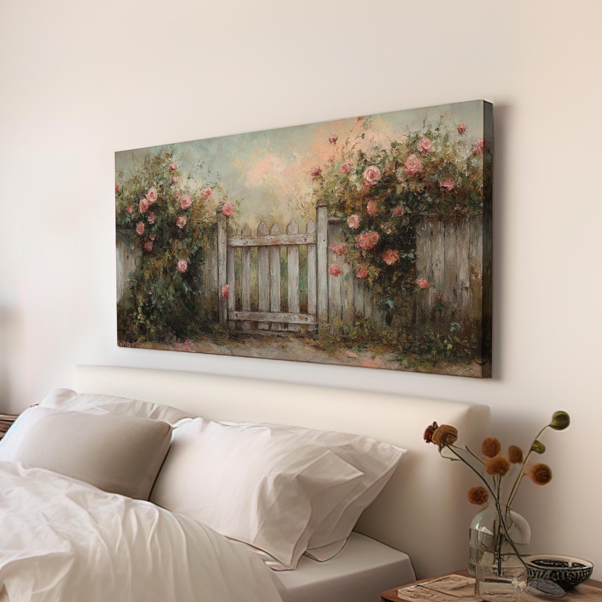 Rose Garden Gate Canvas Art | Impressionistic Impasto Print | French Country Wall Art For Living Room Horizontal Art
