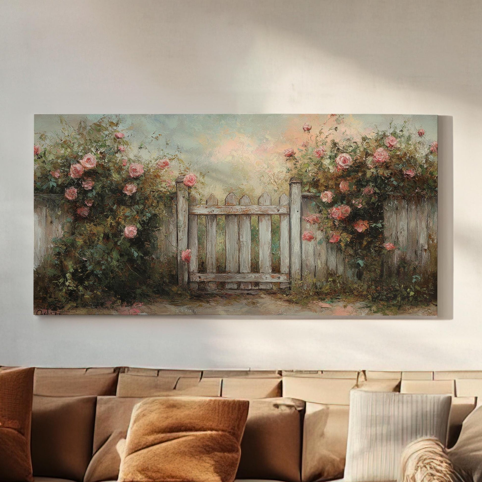 Rose Garden Gate Canvas Art | Impressionistic Impasto Print | French Country Wall Art For Living Room Horizontal Art