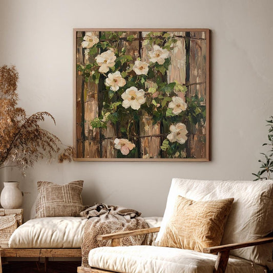 Romantic White Roses Canvas Art | Impasto Painting Print | French Country Wall Art For Living Room | Creamy Beige Art Square Canvas Art