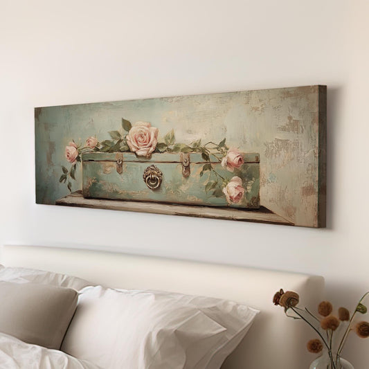 Romantic Roses and Vintage Trunk Canvas Art | Impasto Floral Print | French Country Wall Art For Bedroom Panoramic Wall Art
