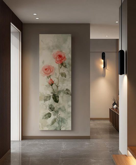 Romantic Rose Watercolor Canvas Art | Loose Botanical Print | Tranquil Zen Wall Art For Living Room Long Vertical Art
