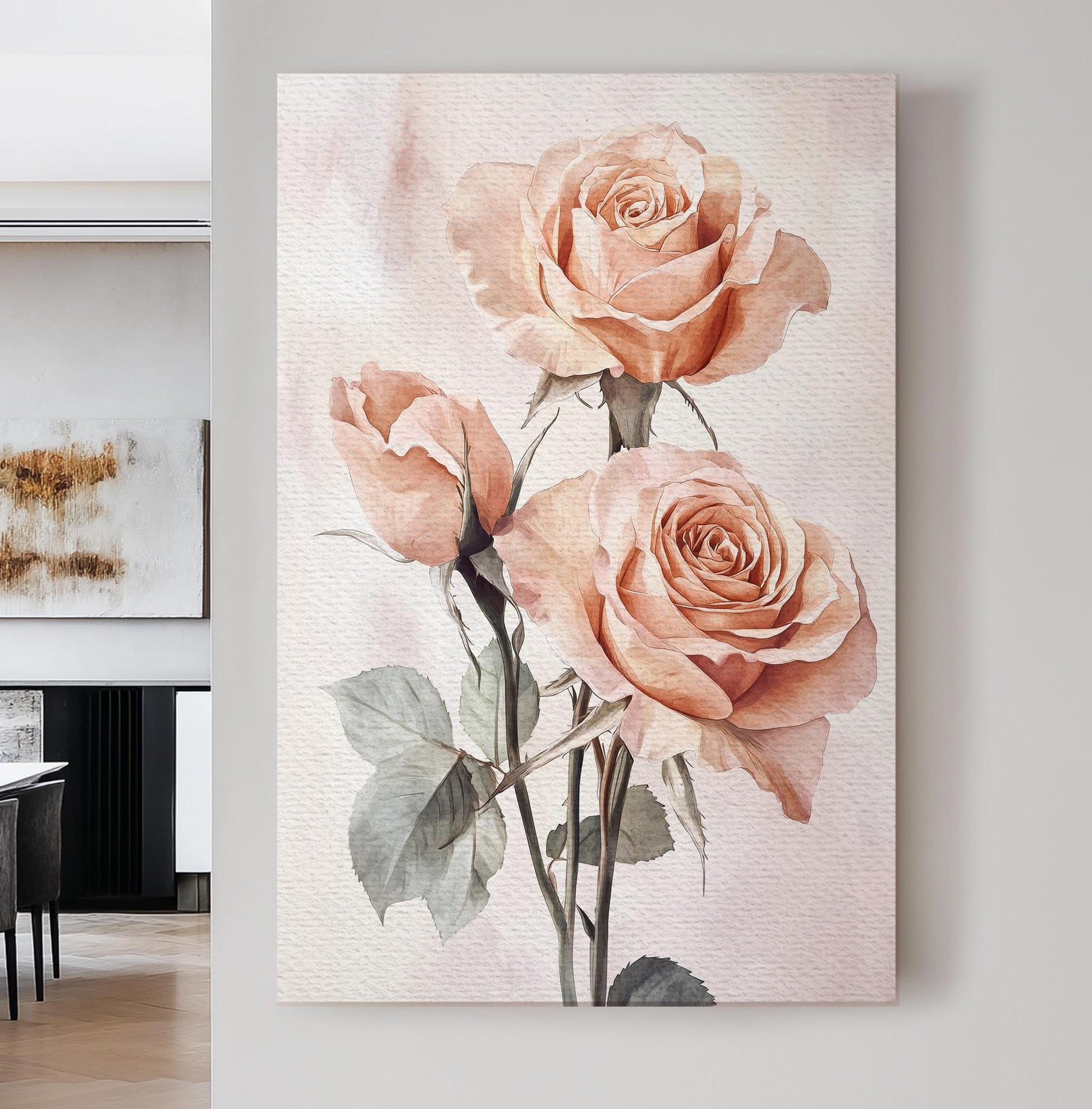 Romantic Rose Trio Canvas Art | Watercolor Botanical Print | Bohemian Wall Art For Bedroom | Blush Pink Art Vertical Canvas