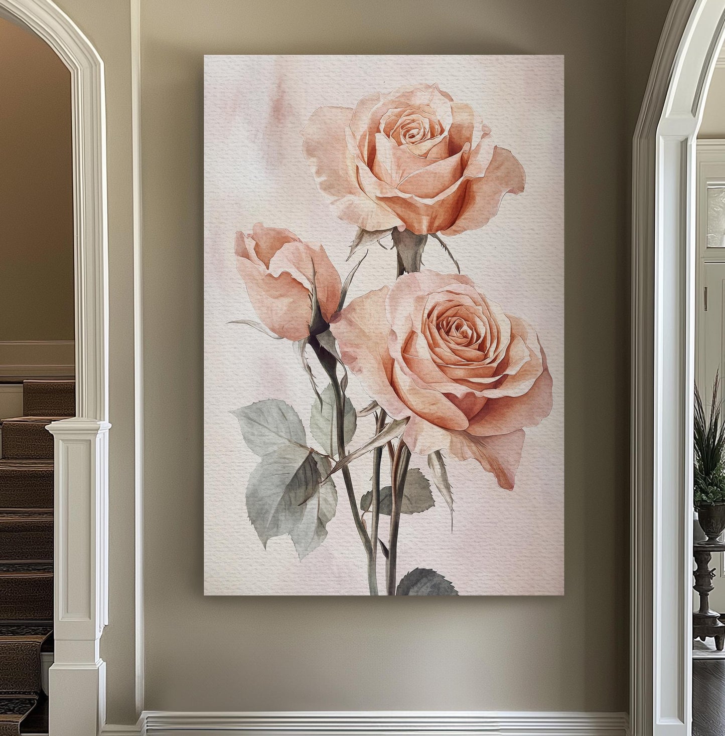 Romantic Rose Trio Canvas Art | Watercolor Botanical Print | Bohemian Wall Art For Bedroom | Blush Pink Art Vertical Canvas