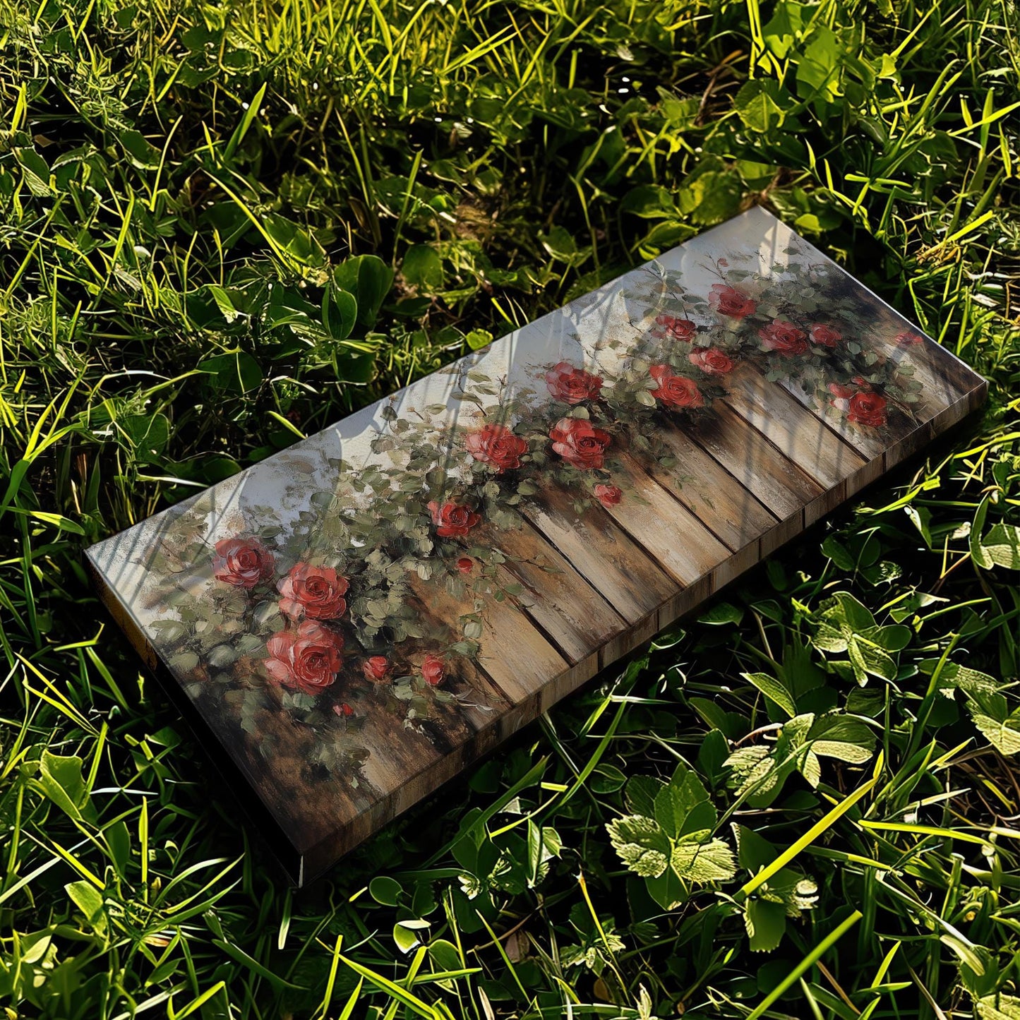 Romantic Rose Garden Fence | Impasto Oil Painting Print | Bohemian Farmhouse Wall Art For Living Room Panoramic Wall Art