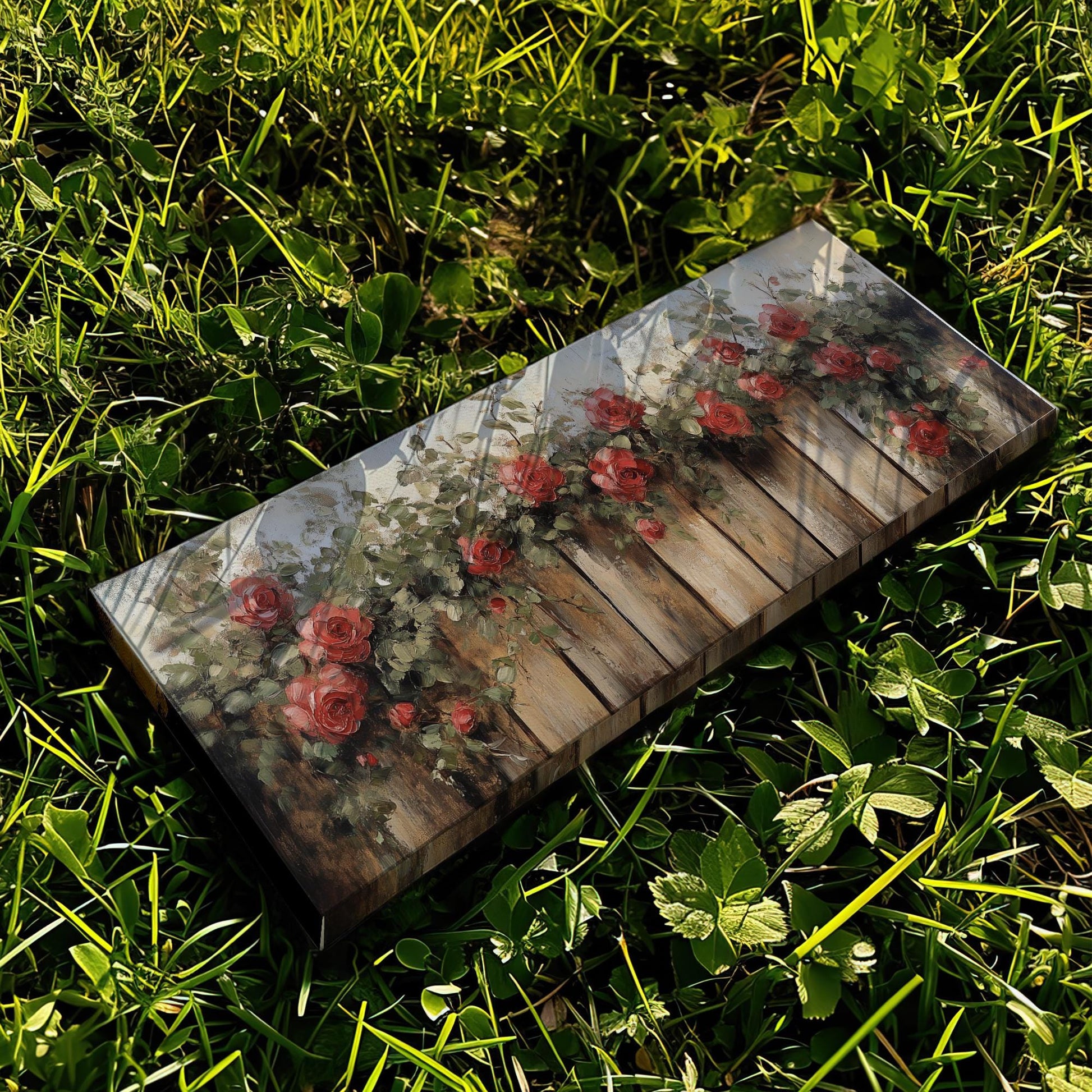 Romantic Rose Garden Fence | Impasto Oil Painting Print | Bohemian Farmhouse Wall Art For Living Room Panoramic Wall Art