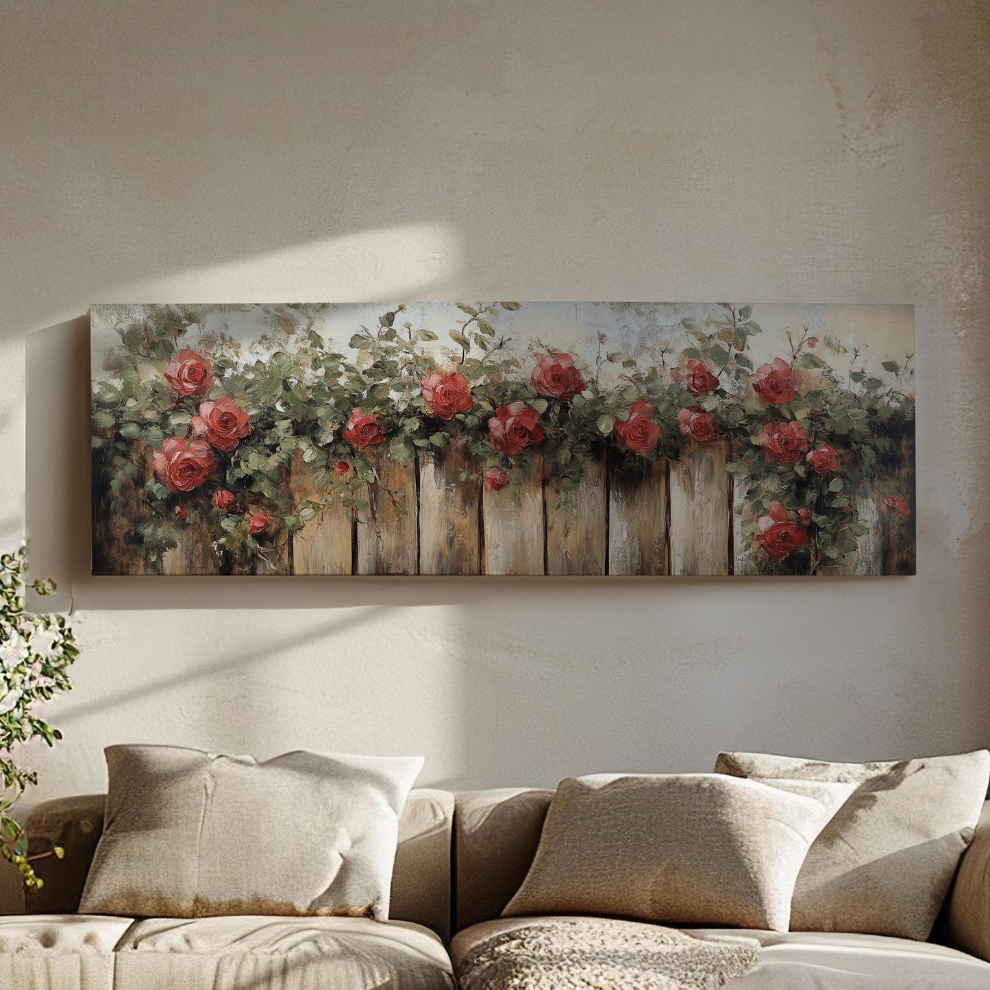Romantic Rose Garden Fence | Impasto Oil Painting Print | Bohemian Farmhouse Wall Art For Living Room Panoramic Wall Art