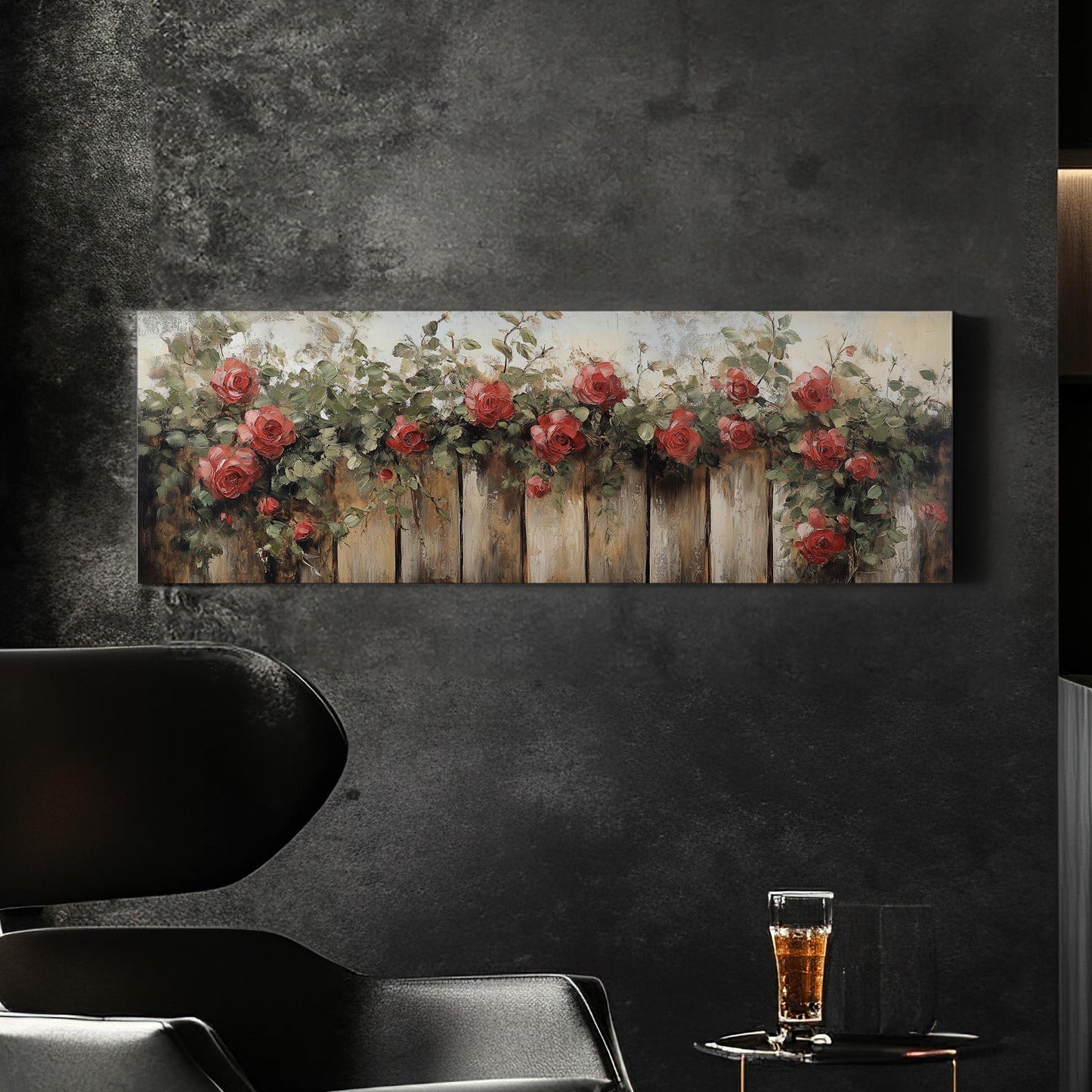 Romantic Rose Garden Fence | Impasto Oil Painting Print | Bohemian Farmhouse Wall Art For Living Room Panoramic Wall Art