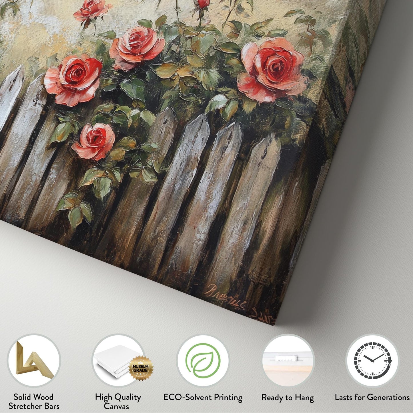 Romantic Rose Garden Fence Canvas Art | Impasto Oil Painting Print | French Country Wall Art For Living Room Horizontal Art