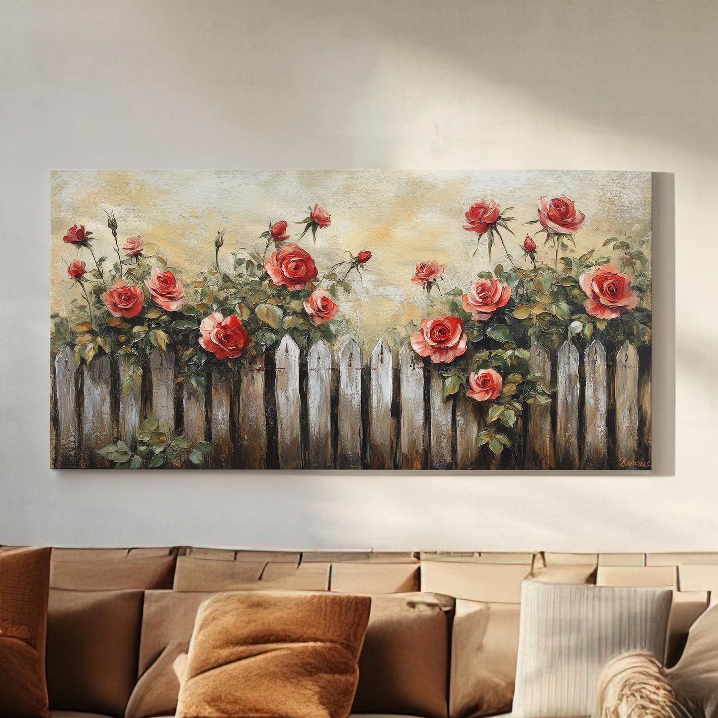 Romantic Rose Garden Fence Canvas Art | Impasto Oil Painting Print | French Country Wall Art For Living Room Horizontal Art