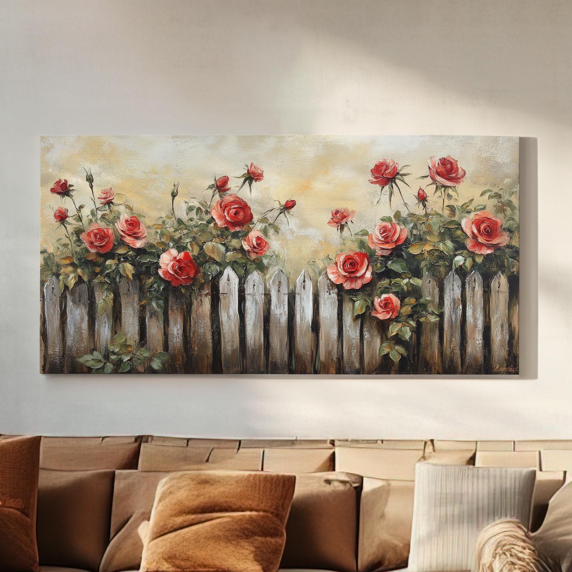Romantic Rose Garden Fence Canvas Art | Impasto Oil Painting Print | French Country Wall Art For Living Room Horizontal Art