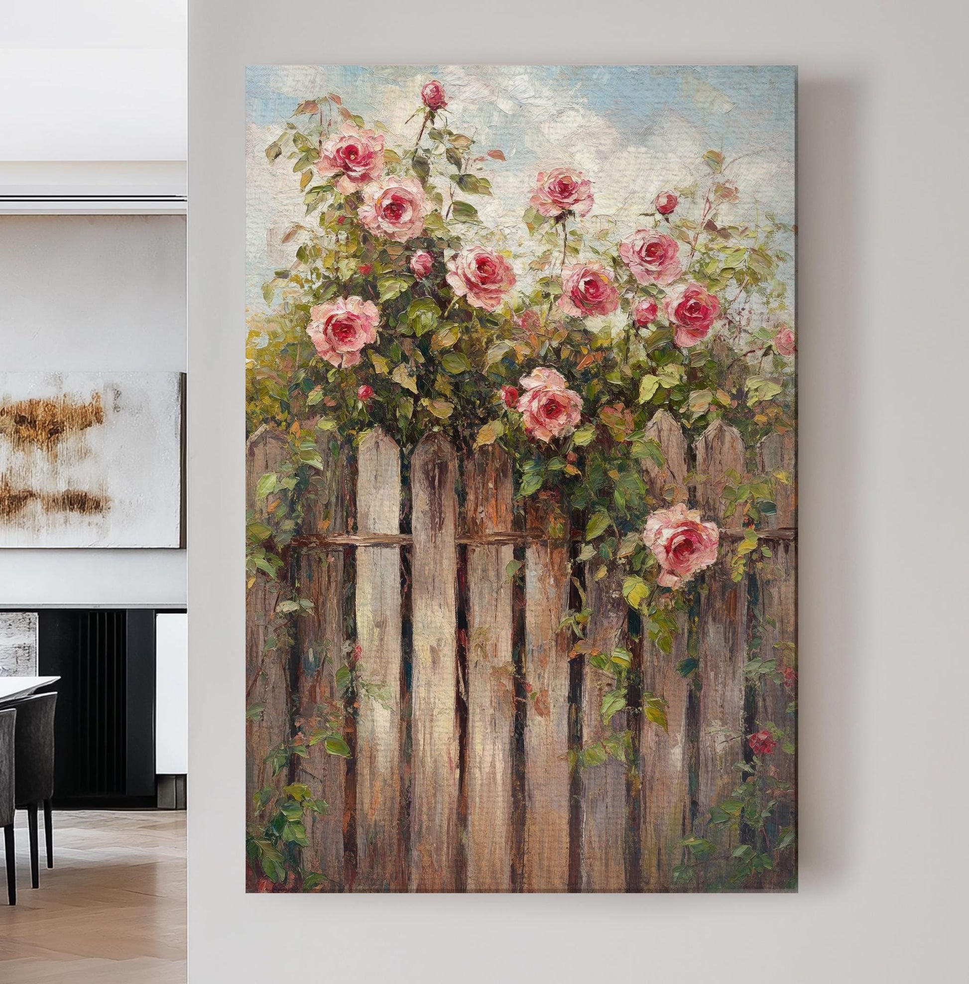 Romantic Rose Garden Fence Canvas Art | Impasto Oil Painting Print | French Country Wall Art For Living Room Vertical Canvas