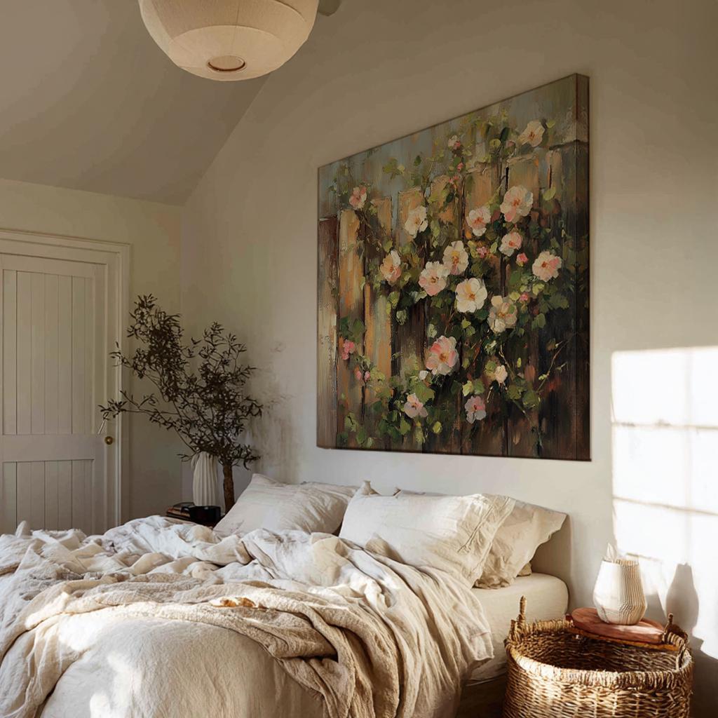 Romantic Rose Garden Fence Canvas Art | Impasto Oil Painting Print | Bohemian Wall Art For Living Room Square Canvas Art