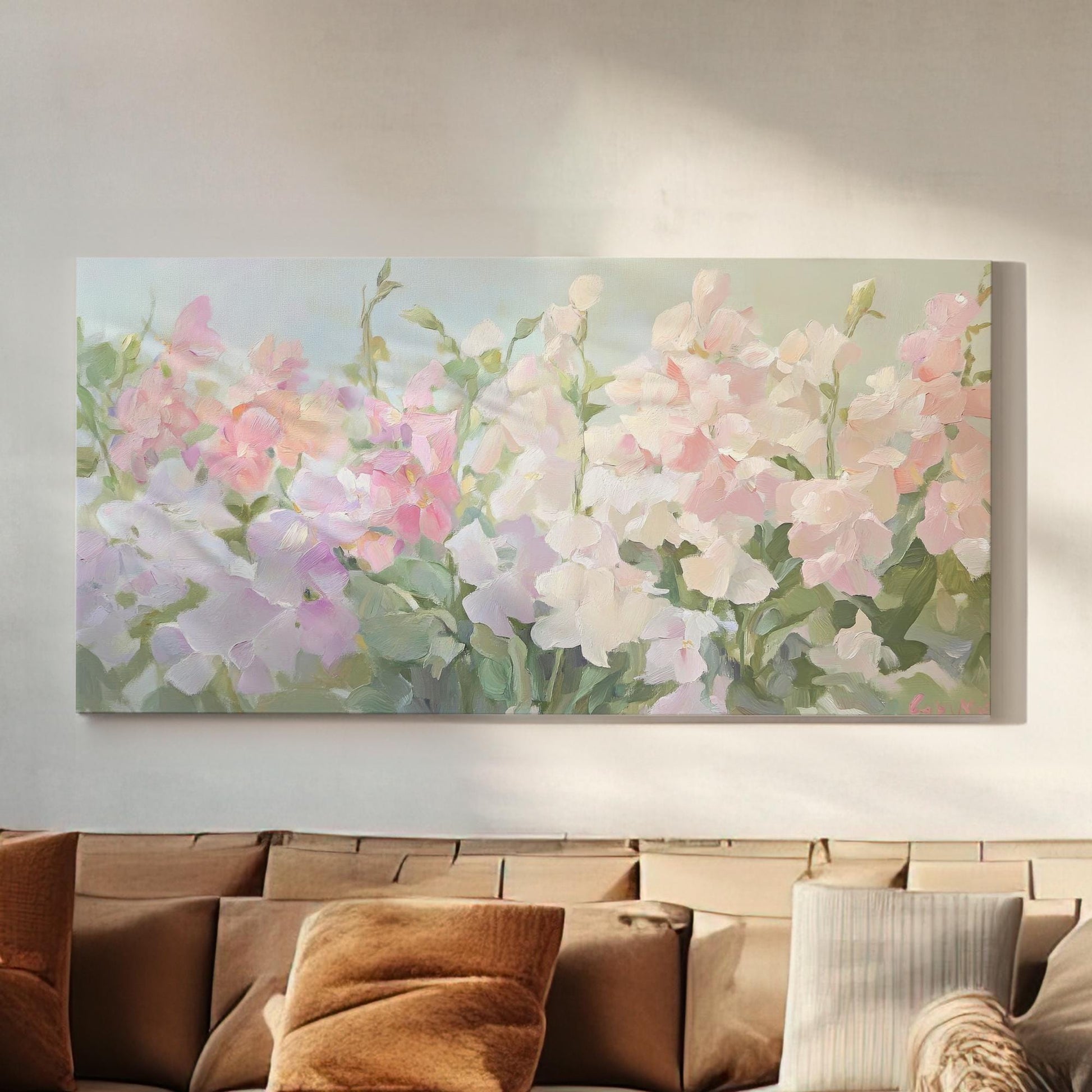 Romantic Rose Garden Canvas Art | Impressionistic Impasto Print | Bohemian Wall Art For Living Room Horizontal Art