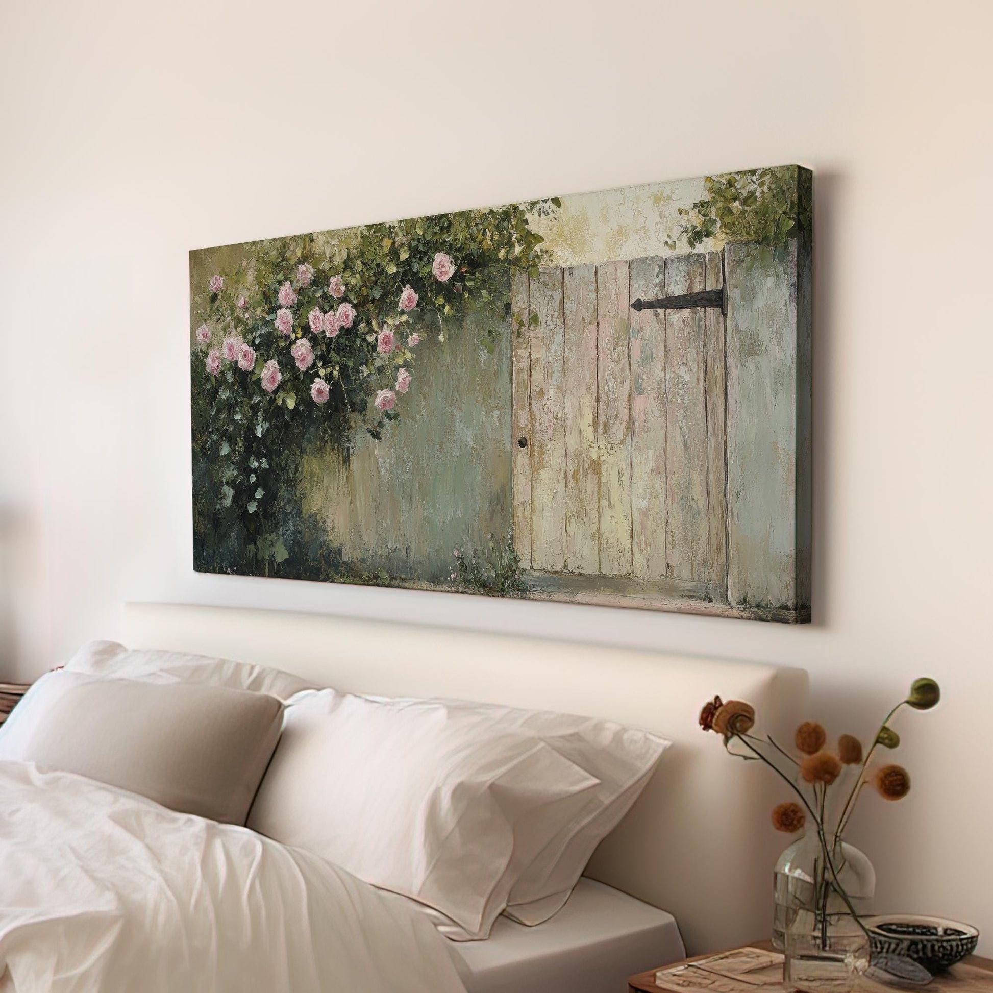 Romantic Rose Garden Canvas Art | Impasto Oil Painting Print | French Country Wall Art For Living Room Horizontal Art