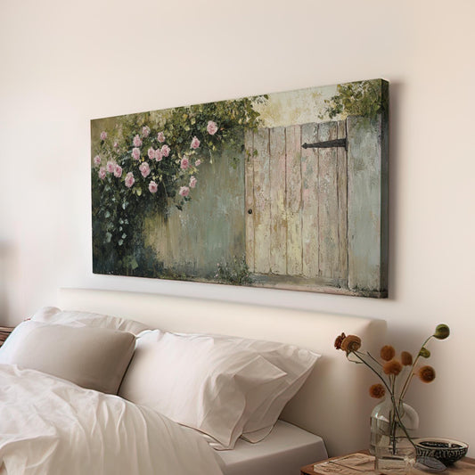 Romantic Rose Garden Canvas Art | Impasto Oil Painting Print | French Country Wall Art For Living Room Horizontal Art